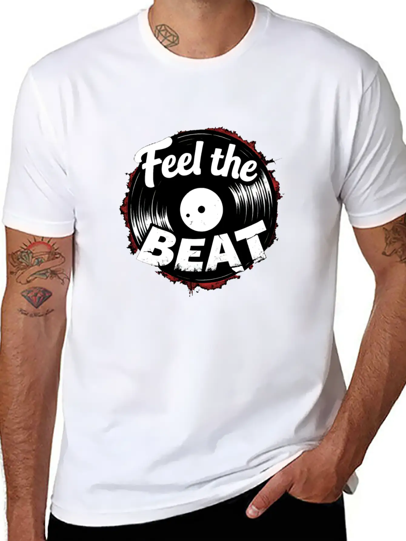 Classic Vinyl 'Feel The Beat' Unisex Short Sleeve Soft Cotton T-Shirt – Casual Everyday Wear