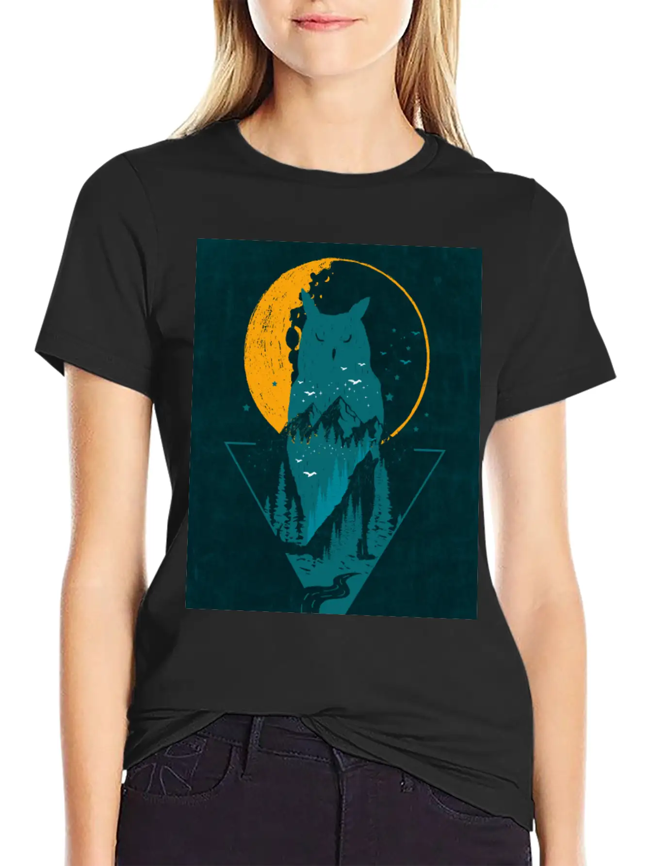 Classy And Minimalist Double Exposure WOLF And OWL Basic Graphic T-Shirt – Daily Comfort In Soft Cotton