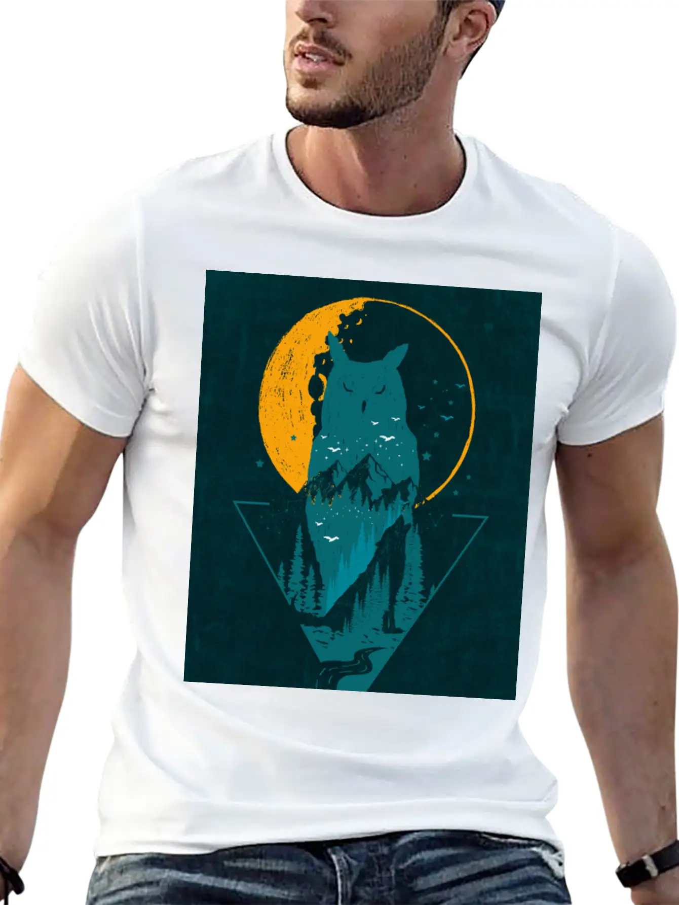 Classy And Minimalist Double Exposure WOLF And OWL Basic Graphic T-Shirt – Daily Comfort In Soft Cotton