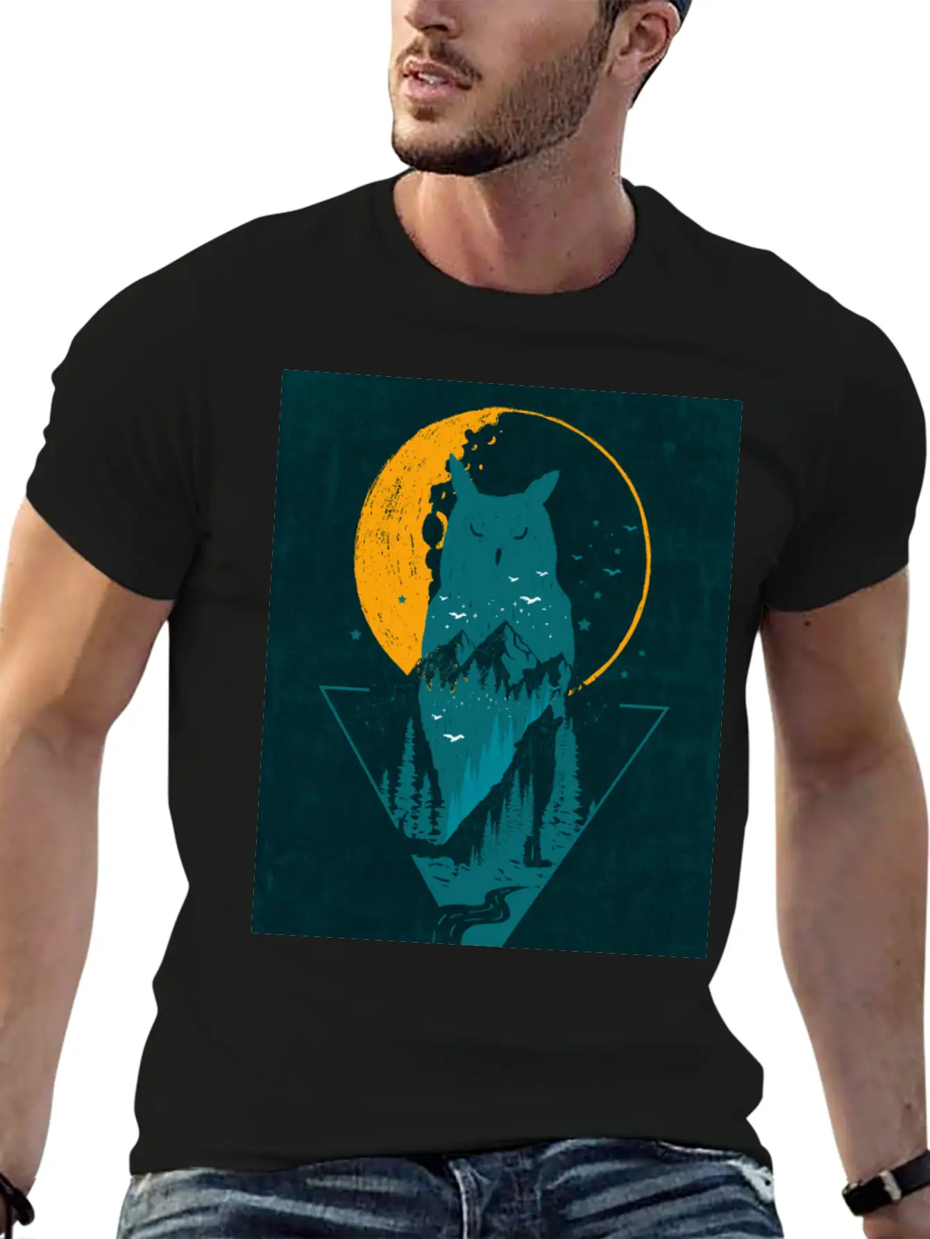 Classy And Minimalist Double Exposure WOLF And OWL Basic Graphic T-Shirt – Daily Comfort In Soft Cotton
