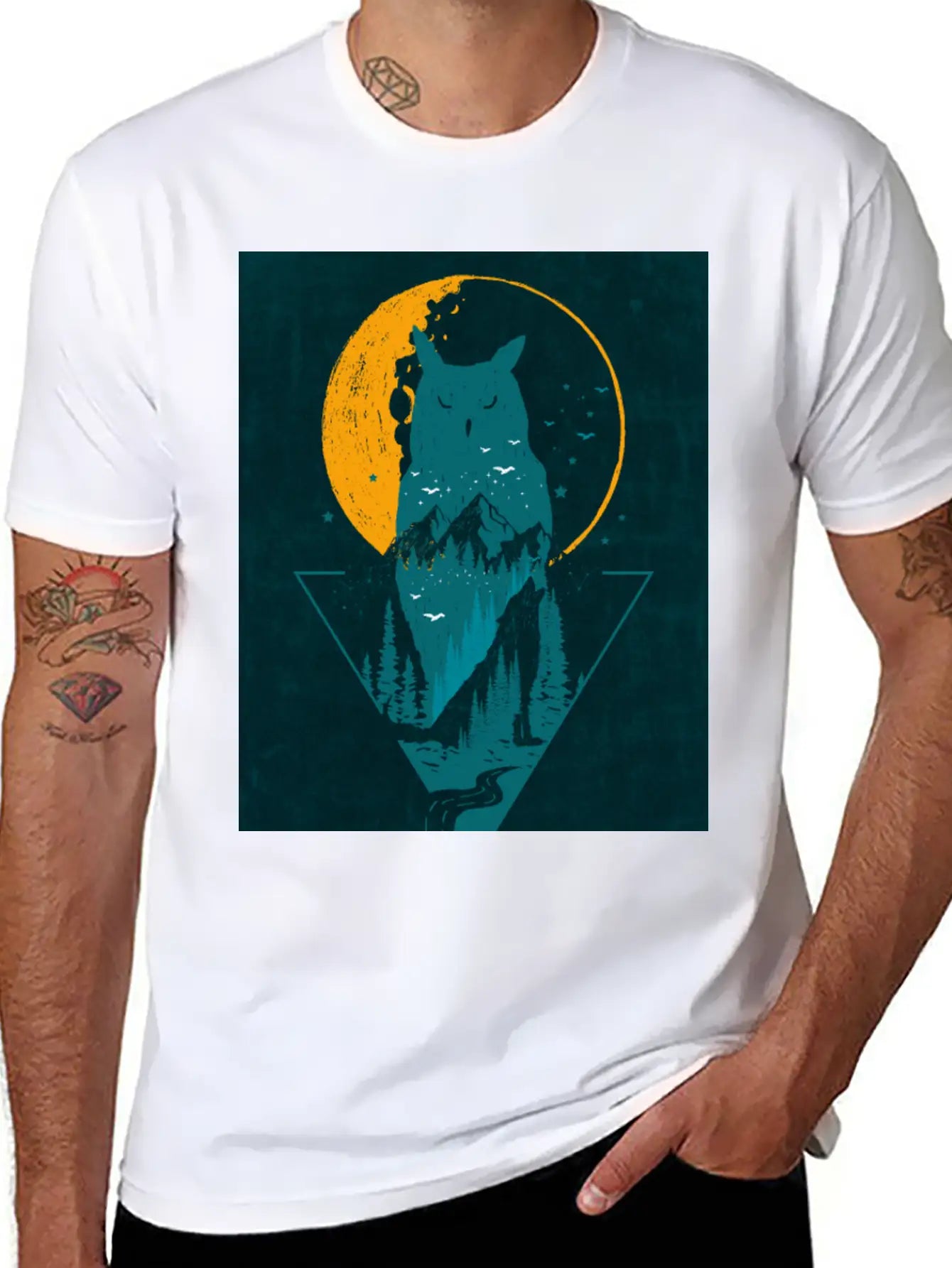 Classy And Minimalist Double Exposure WOLF And OWL Basic Graphic T-Shirt – Daily Comfort In Soft Cotton