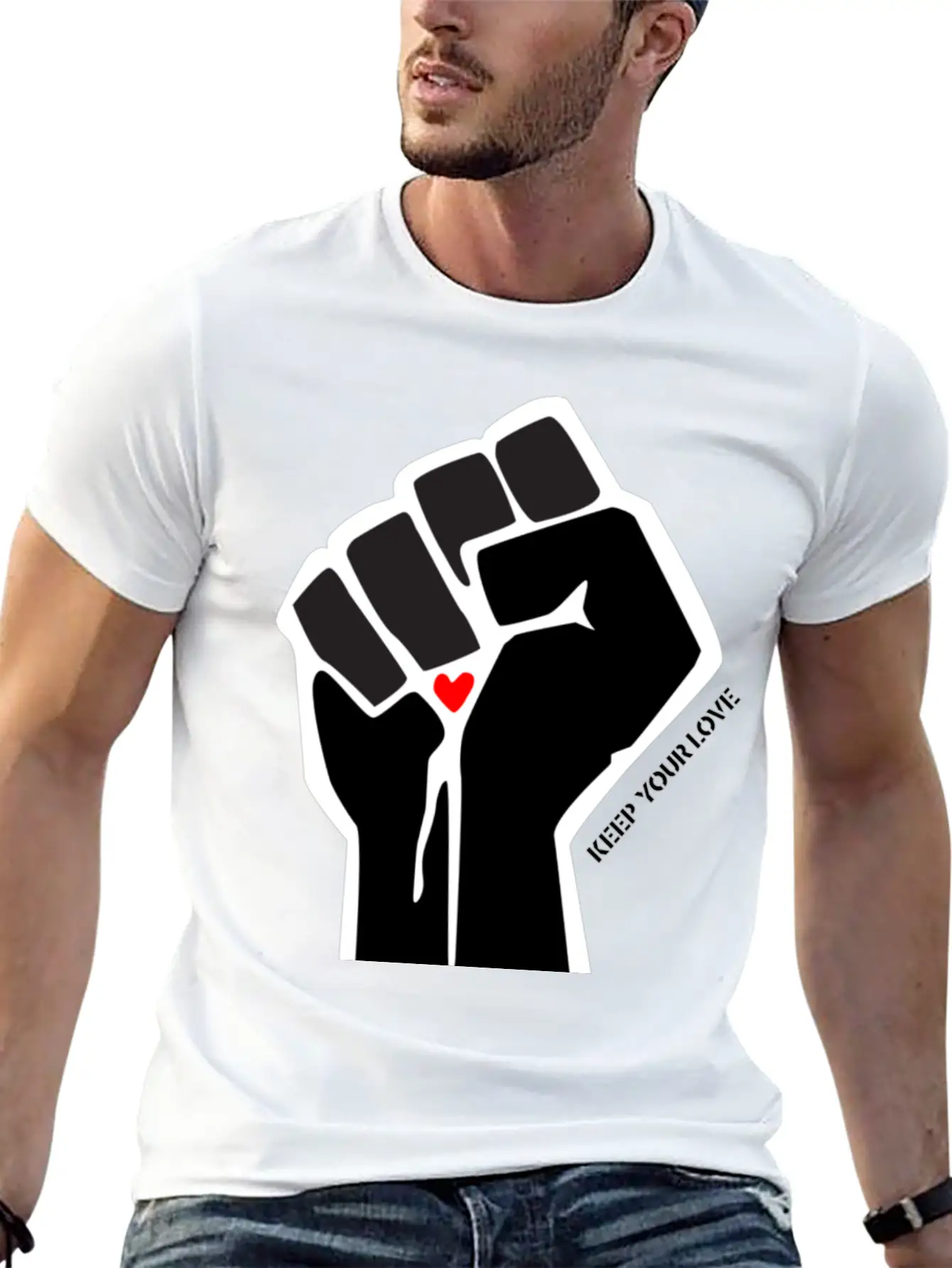 Clenched Fist Motif "Keep Your Love" Stylish Everyday T-Shirt – Unisex Basic Cotton Tee