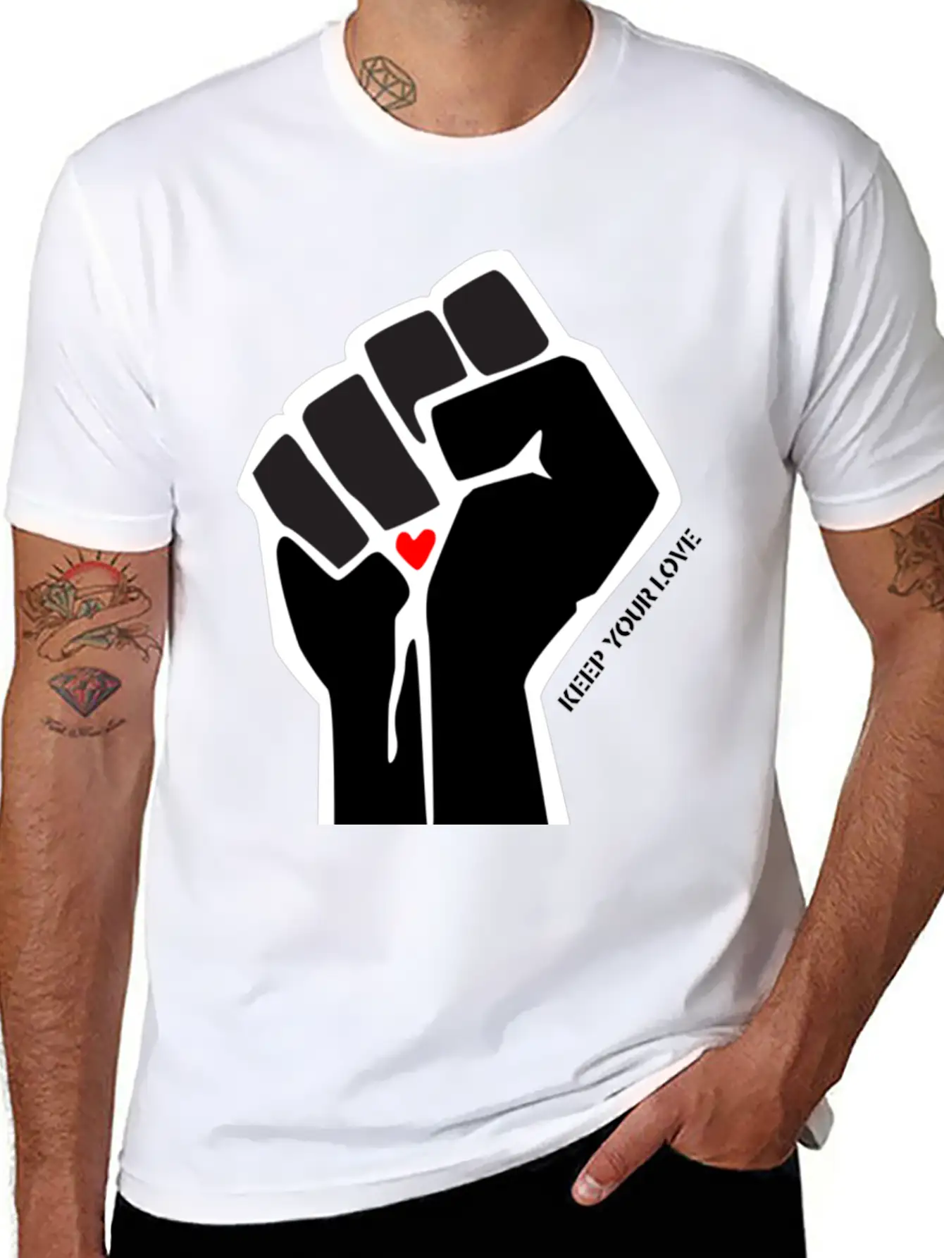 Clenched Fist Motif "Keep Your Love" Stylish Everyday T-Shirt – Unisex Basic Cotton Tee
