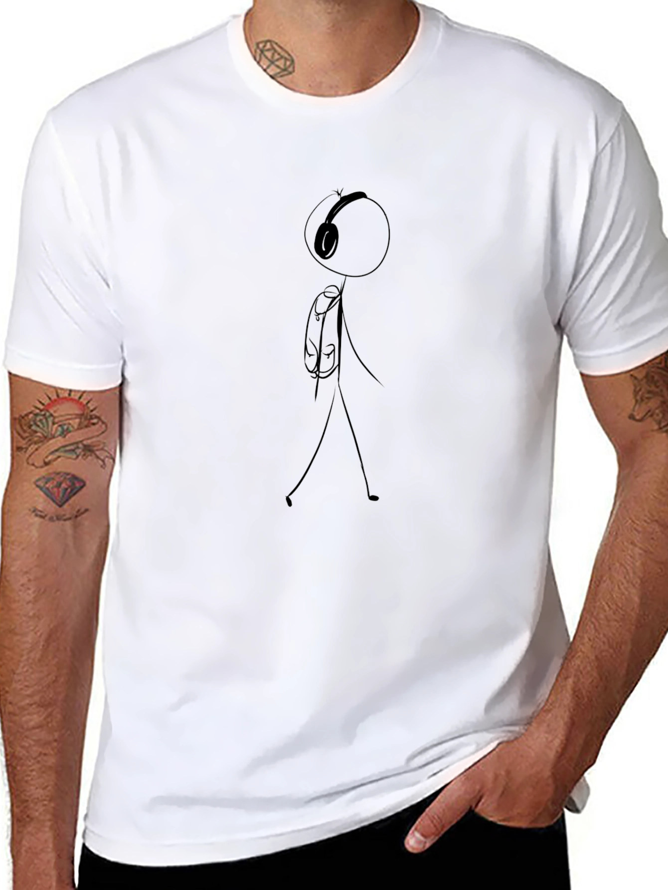 Stick Figure Headphones Black T-Shirt