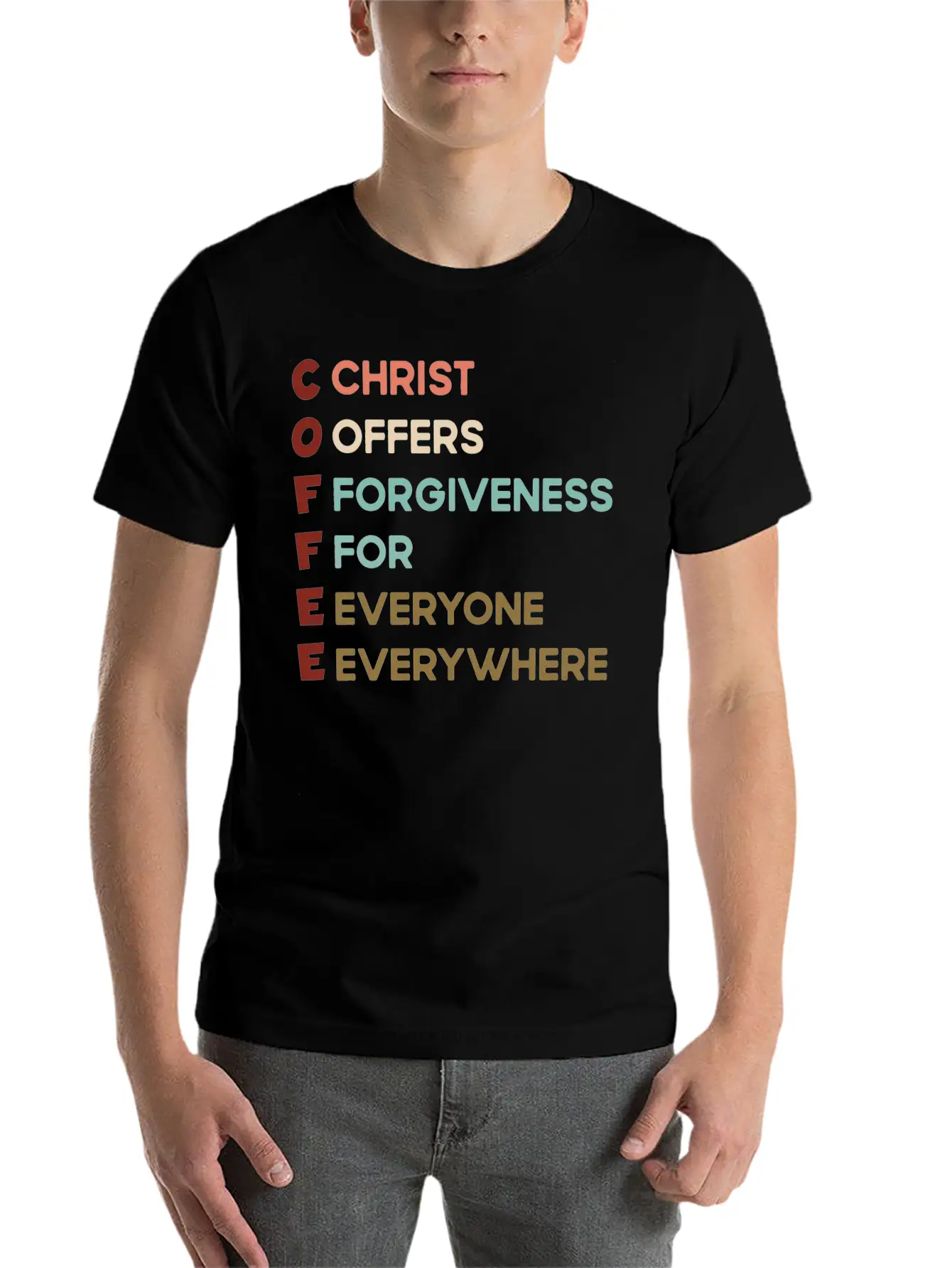 Coffee Christ Offers Forgiveness For Everyone Ever Unisex Short Sleeve Soft Cotton T-Shirt – Casual Everyday Wear