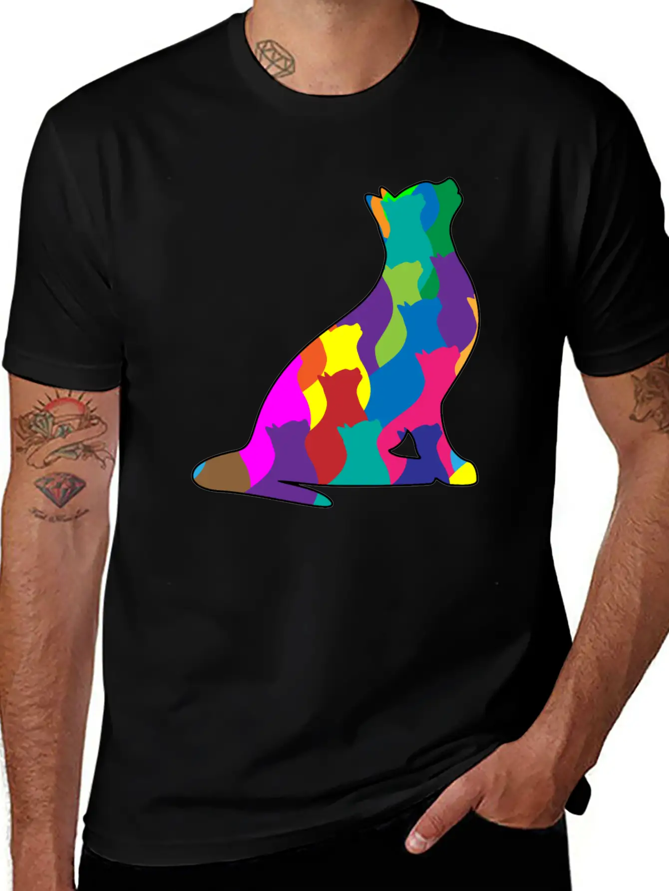 Colorful Cat Collage Silhouette Unisex Short Sleeve Soft Cotton T-Shirt – Casual Everyday Wear