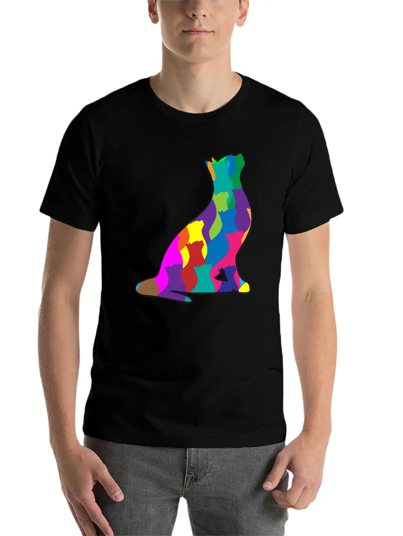 Colorful Cat Collage Silhouette Unisex Short Sleeve Soft Cotton T-Shirt – Casual Everyday Wear