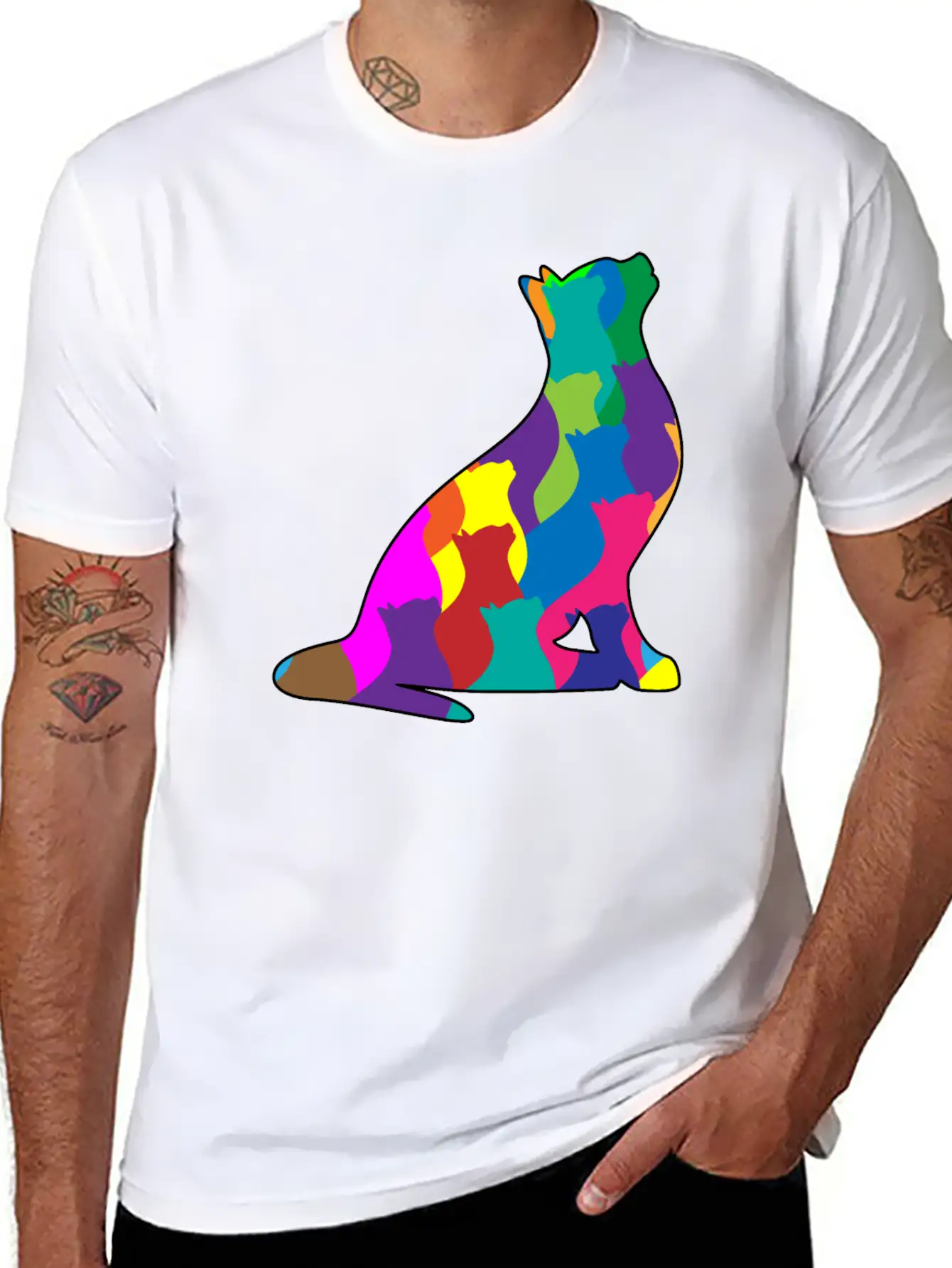 Colorful Cat Collage Silhouette Unisex Short Sleeve Soft Cotton T-Shirt – Casual Everyday Wear