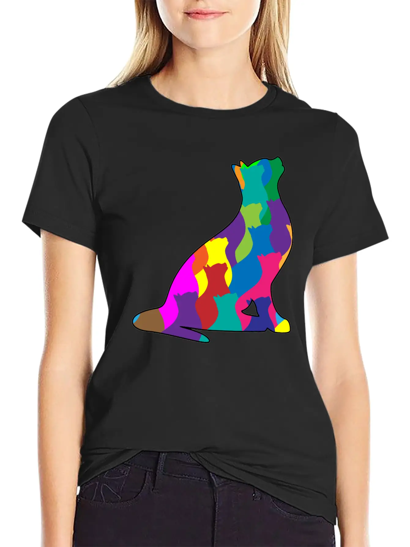 Colorful Cat Collage Silhouette Unisex Short Sleeve Soft Cotton T-Shirt – Casual Everyday Wear