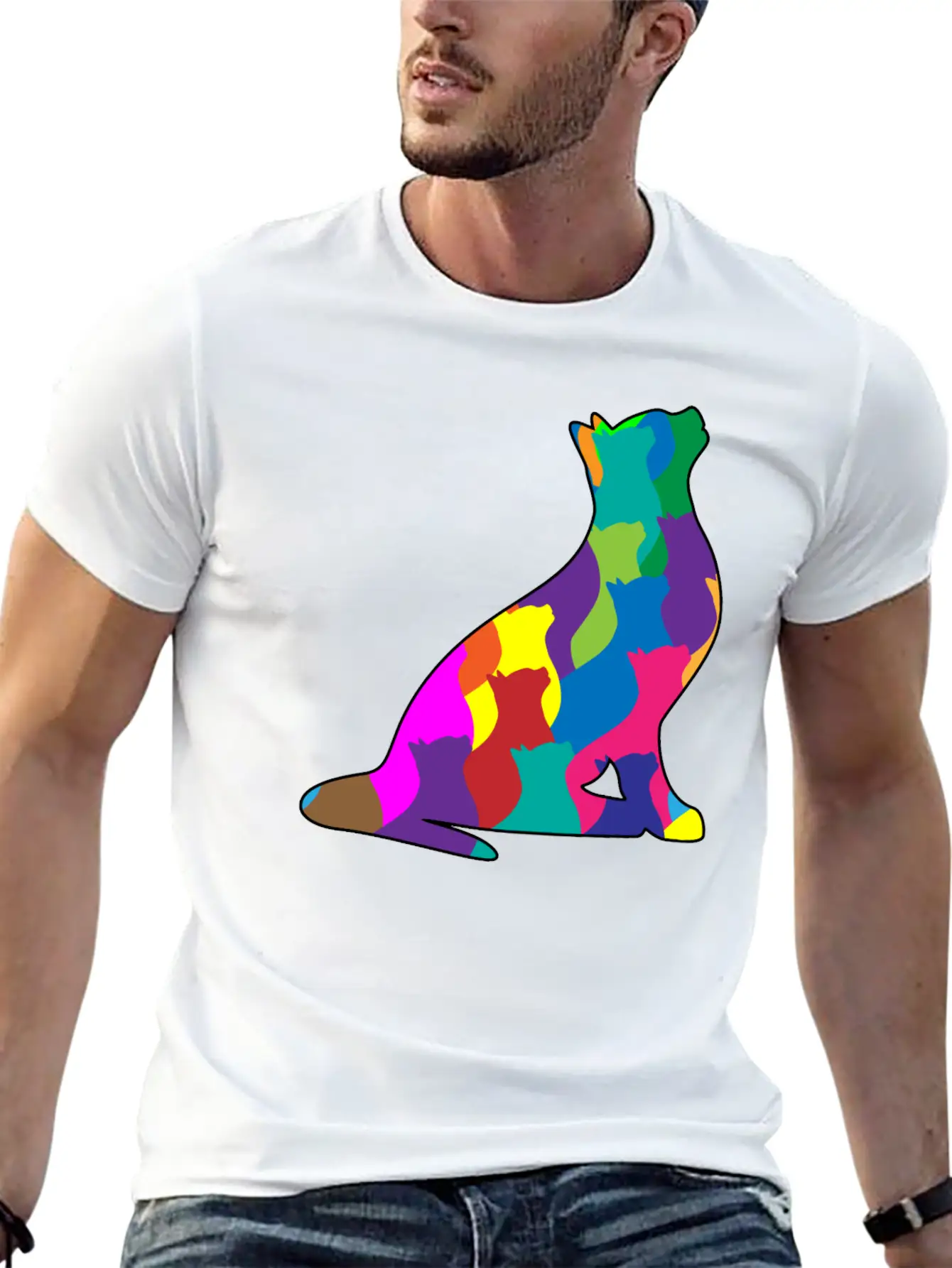 Colorful Cat Collage Silhouette Unisex Short Sleeve Soft Cotton T-Shirt – Casual Everyday Wear