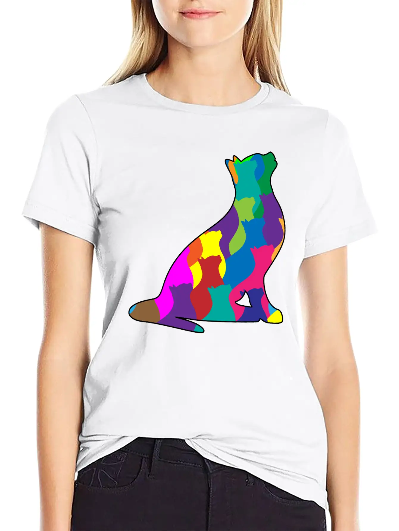 Colorful Cat Collage Silhouette Unisex Short Sleeve Soft Cotton T-Shirt – Casual Everyday Wear