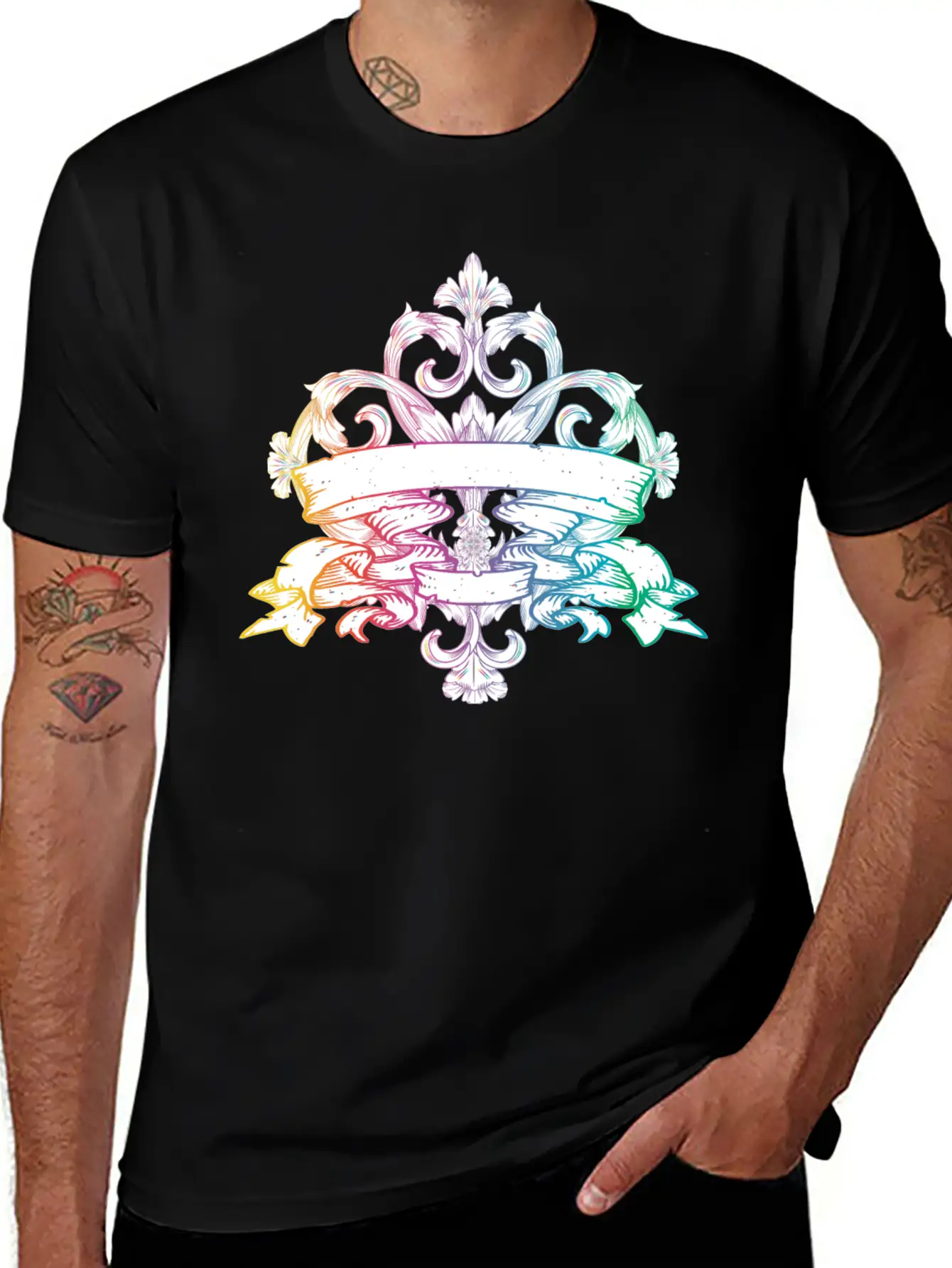 Colorful Shimmering Baroque Ornament With Banner Stylish Everyday T-Shirt – Unisex Basic Cotton Tee