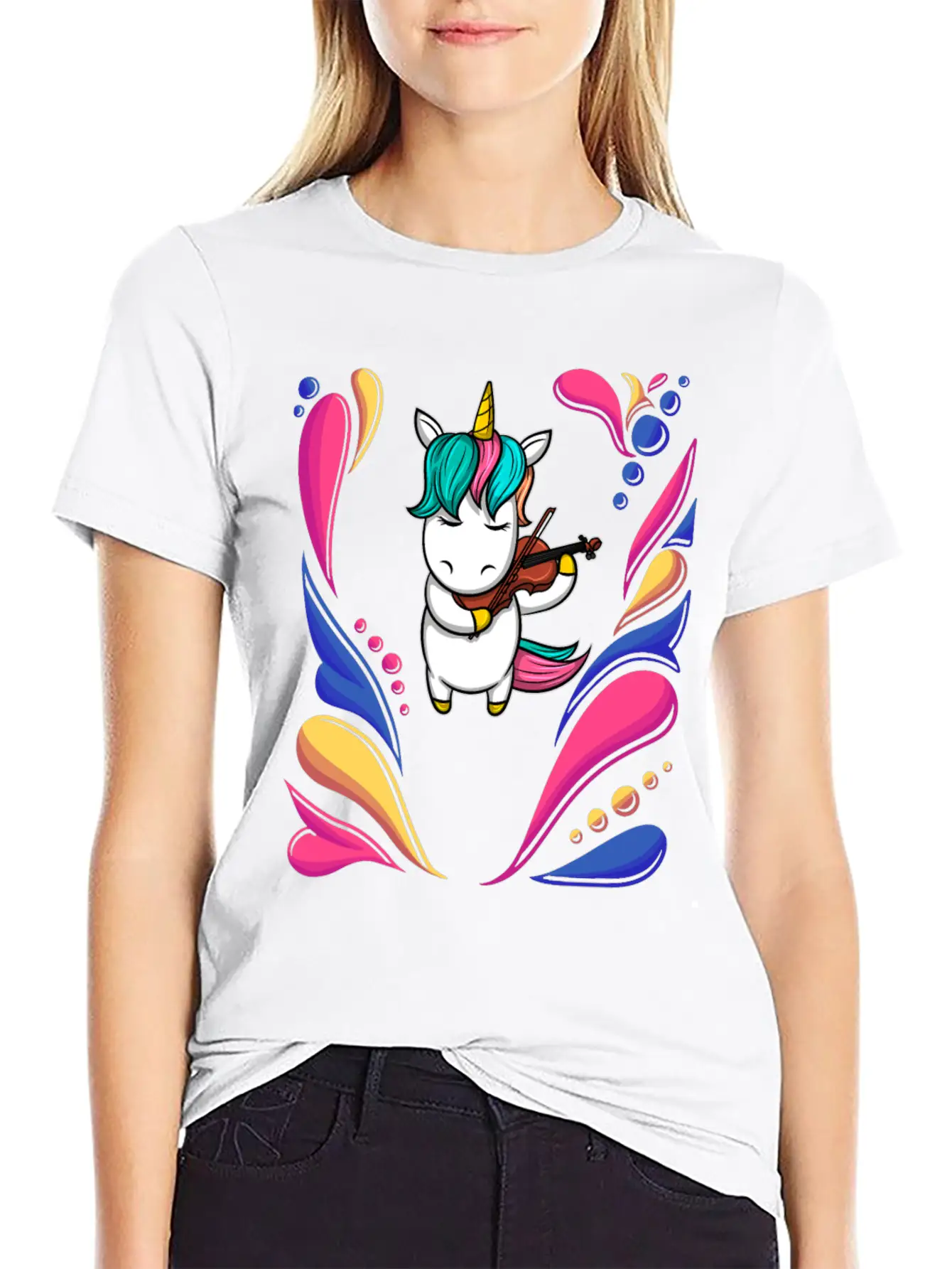 Colorful Unicorn Music Violin Stylish Everyday T-Shirt – Unisex Basic Cotton Tee