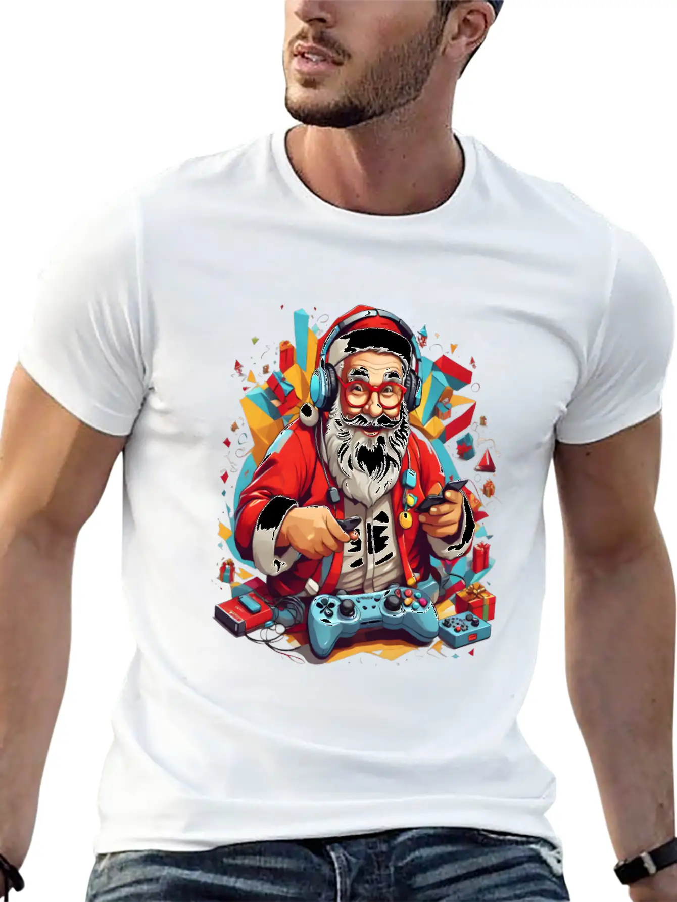 Console In Claus' Hands, Santa's Gaming Magic Unisex Short Sleeve Soft Cotton T-Shirt – Casual Everyday Wear