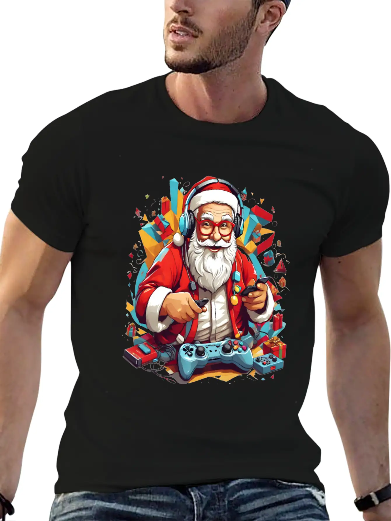 Console In Claus' Hands, Santa's Gaming Magic Unisex Short Sleeve Soft Cotton T-Shirt – Casual Everyday Wear