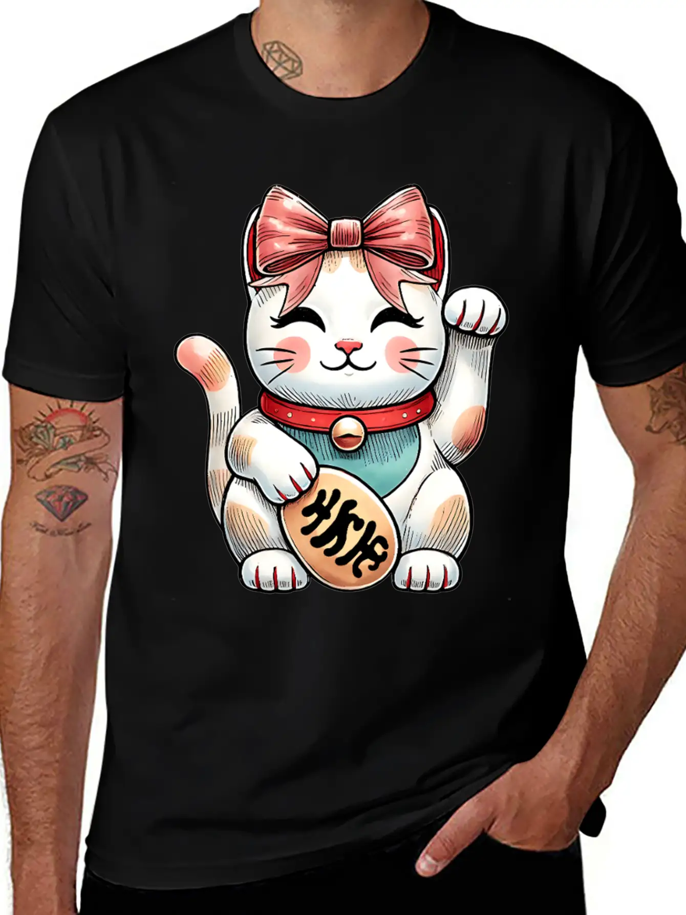 Coquette Bow Maneki Neko Japanese Cat Lucky Pink Unisex Short Sleeve Soft Cotton T-Shirt – Casual Everyday Wear