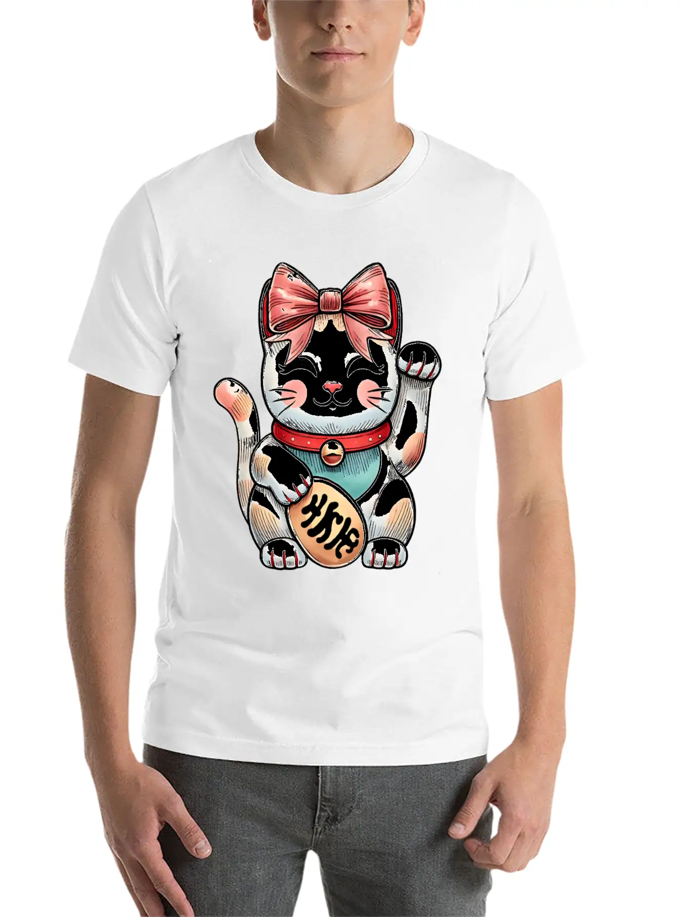 Coquette Bow Maneki Neko Japanese Cat Lucky Pink Unisex Short Sleeve Soft Cotton T-Shirt – Casual Everyday Wear
