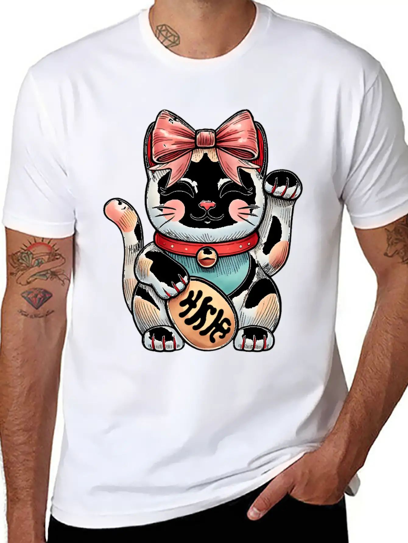 Coquette Bow Maneki Neko Japanese Cat Lucky Pink Unisex Short Sleeve Soft Cotton T-Shirt – Casual Everyday Wear