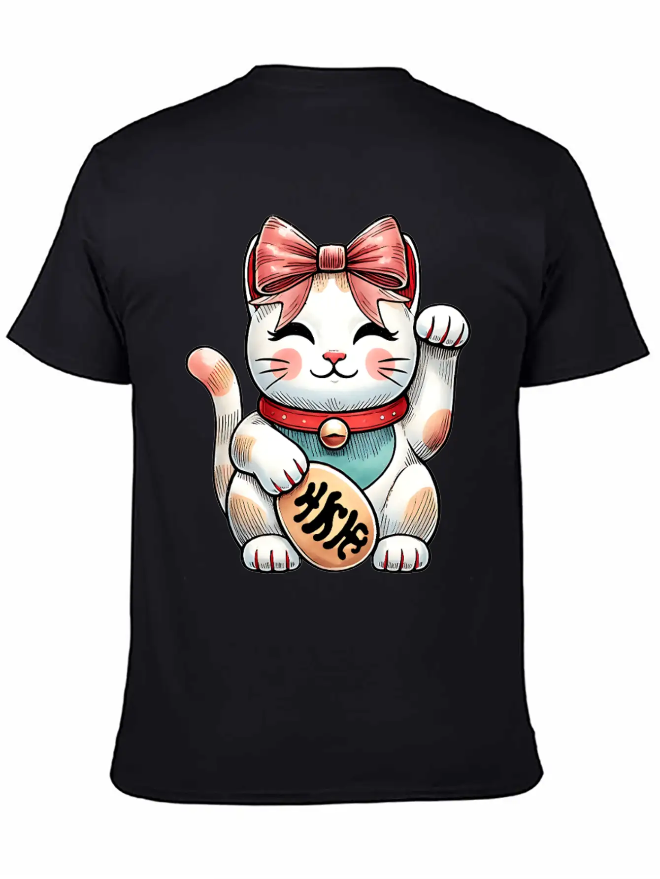 Coquette Bow Maneki Neko Japanese Cat Lucky Pink Unisex Short Sleeve Soft Cotton T-Shirt – Casual Everyday Wear