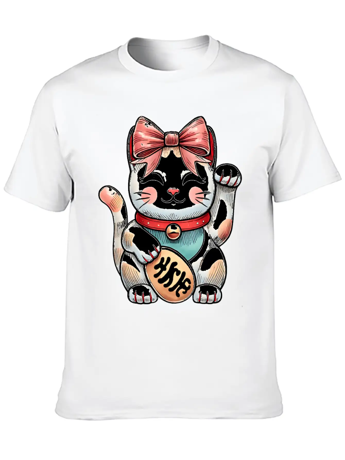 Coquette Bow Maneki Neko Japanese Cat Lucky Pink Unisex Short Sleeve Soft Cotton T-Shirt – Casual Everyday Wear