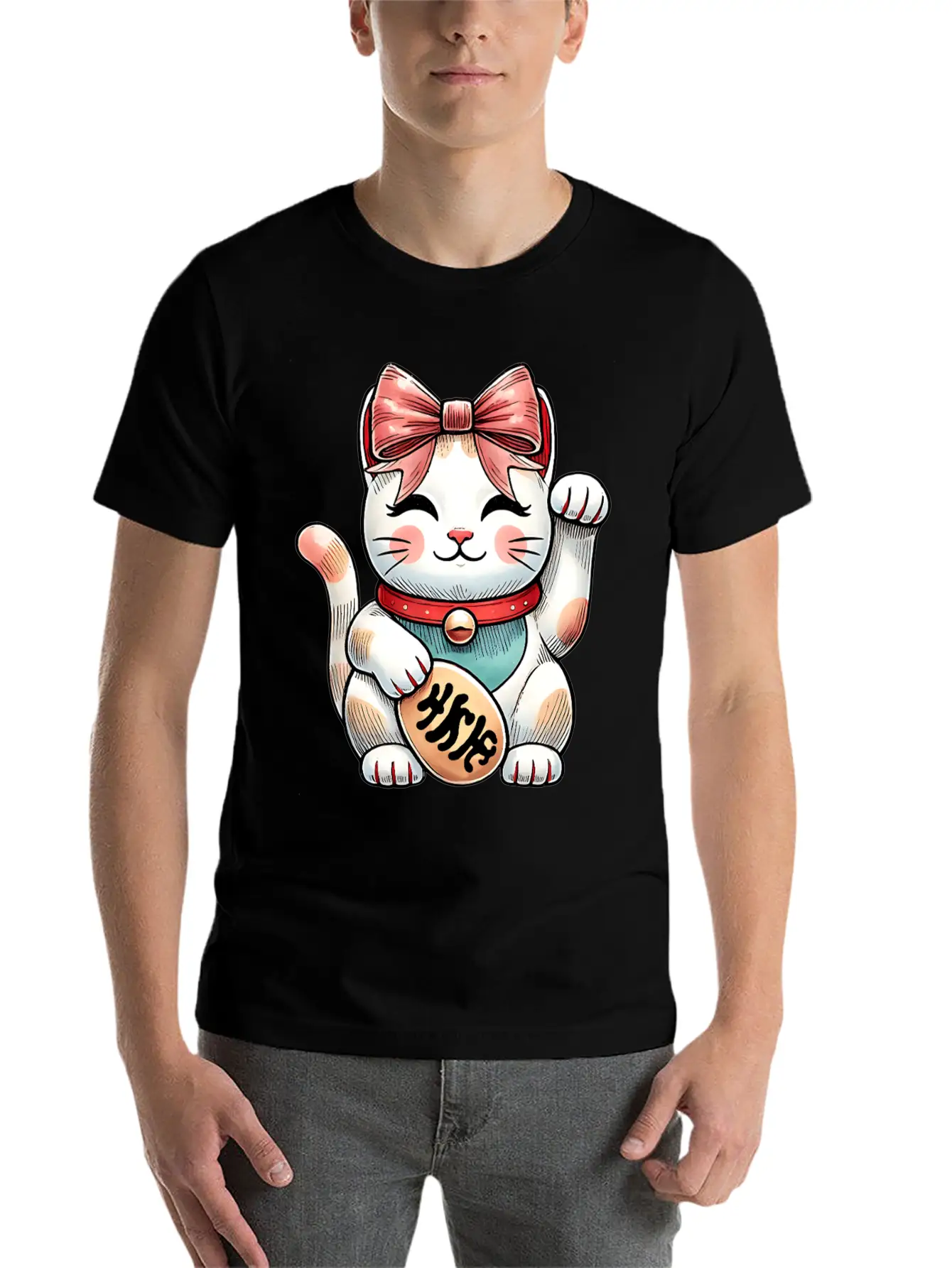 Coquette Bow Maneki Neko Japanese Cat Lucky Pink Unisex Short Sleeve Soft Cotton T-Shirt – Casual Everyday Wear