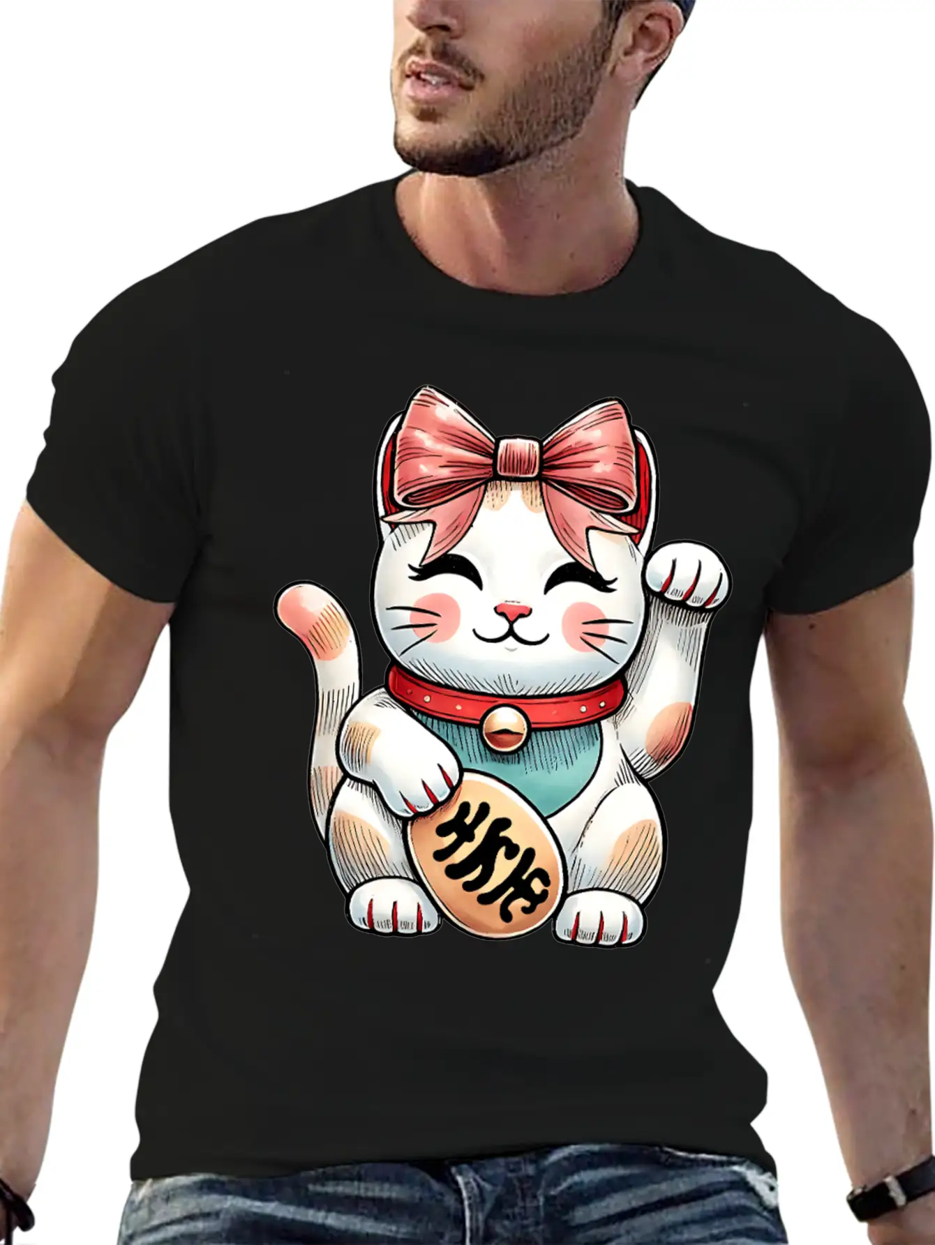 Coquette Bow Maneki Neko Japanese Cat Lucky Pink Unisex Short Sleeve Soft Cotton T-Shirt – Casual Everyday Wear