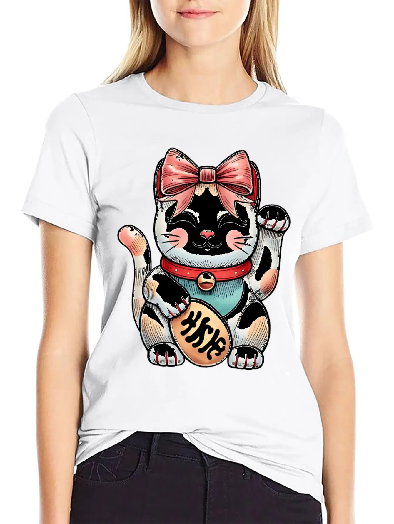 Coquette Bow Maneki Neko Japanese Cat Lucky Pink Unisex Short Sleeve Soft Cotton T-Shirt – Casual Everyday Wear