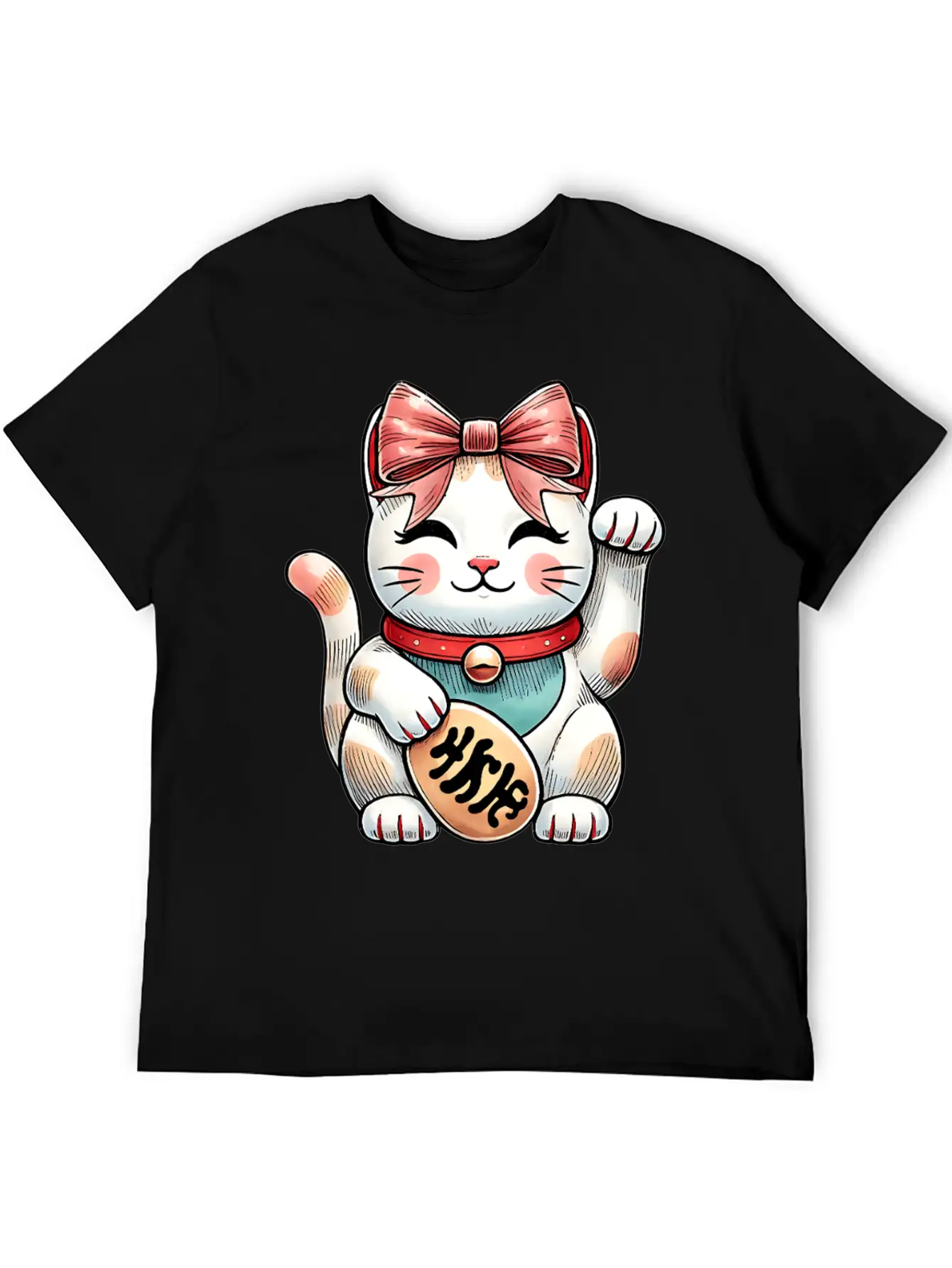 Coquette Bow Maneki Neko Japanese Cat Lucky Pink Unisex Short Sleeve Soft Cotton T-Shirt – Casual Everyday Wear