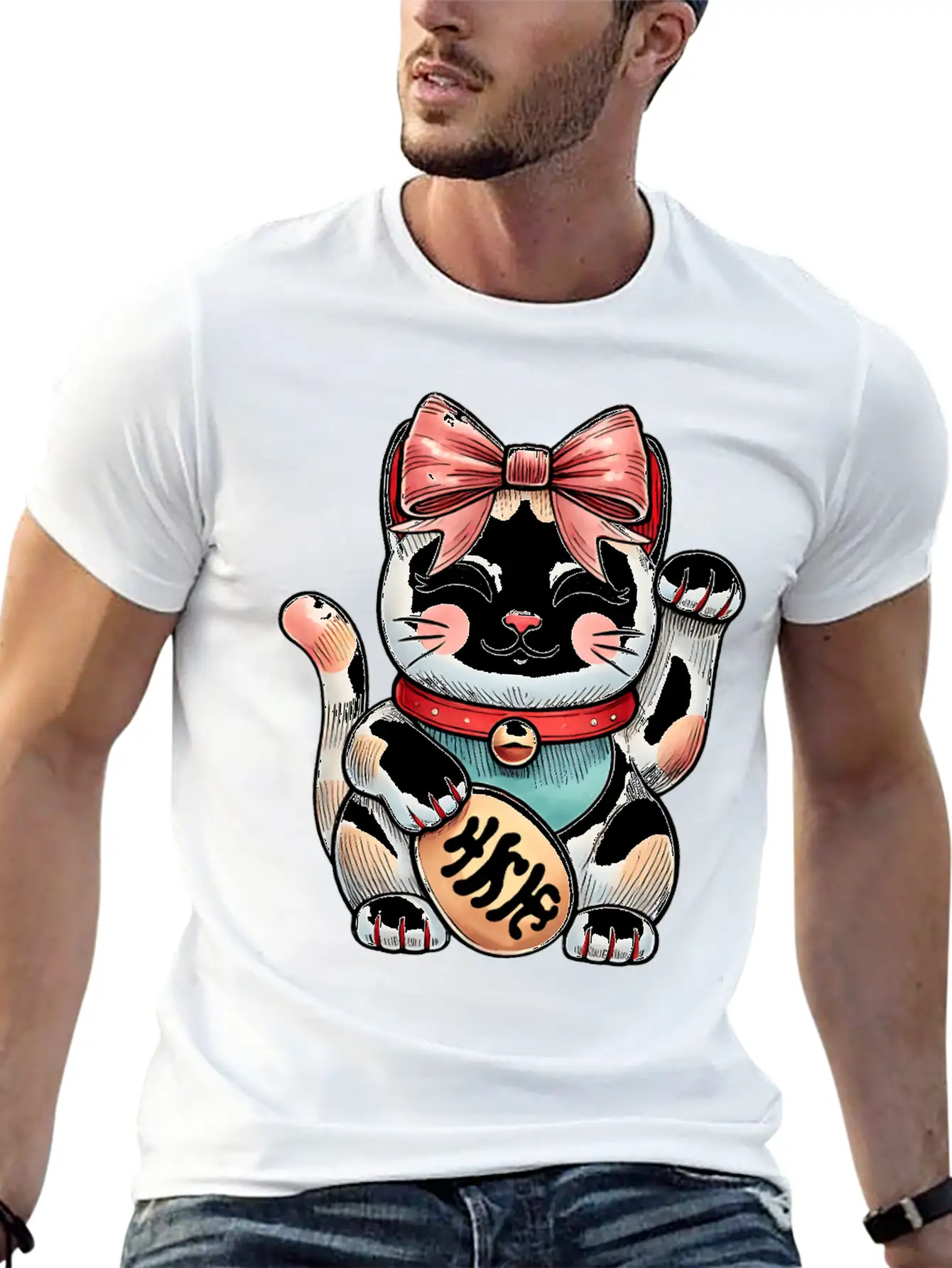 Coquette Bow Maneki Neko Japanese Cat Lucky Pink Unisex Short Sleeve Soft Cotton T-Shirt – Casual Everyday Wear