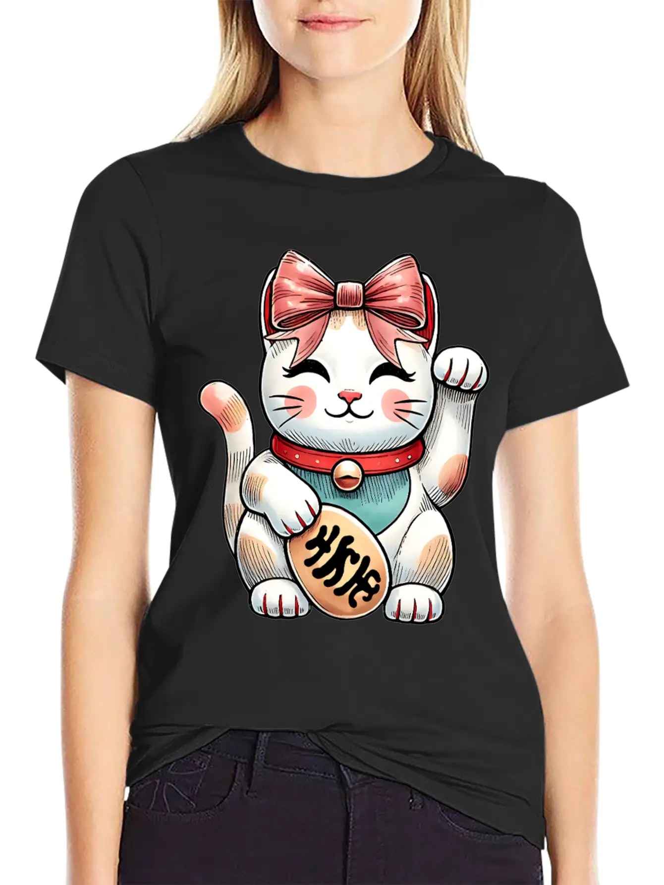 Coquette Bow Maneki Neko Japanese Cat Lucky Pink Unisex Short Sleeve Soft Cotton T-Shirt – Casual Everyday Wear
