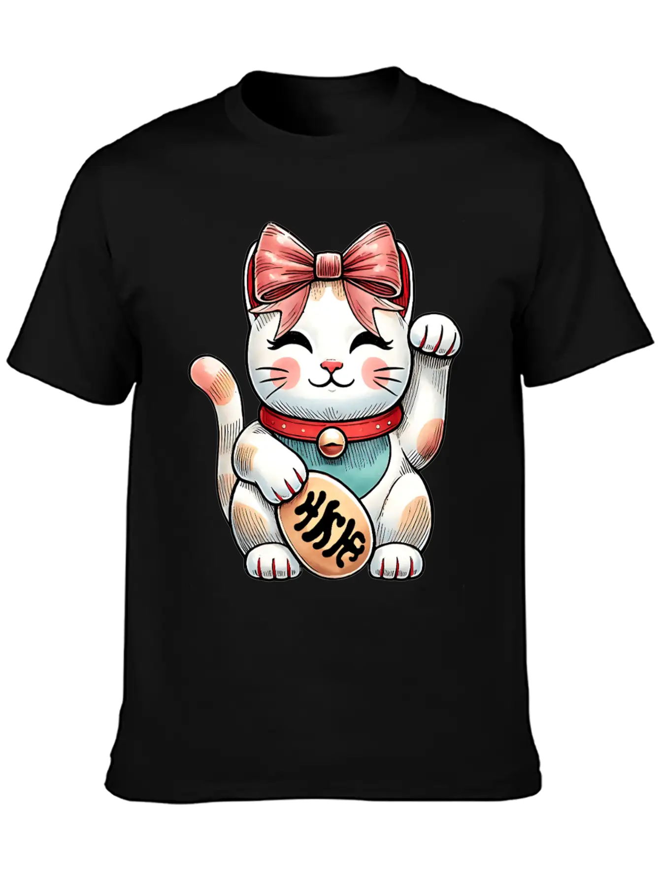 Coquette Bow Maneki Neko Japanese Cat Lucky Pink Unisex Short Sleeve Soft Cotton T-Shirt – Casual Everyday Wear