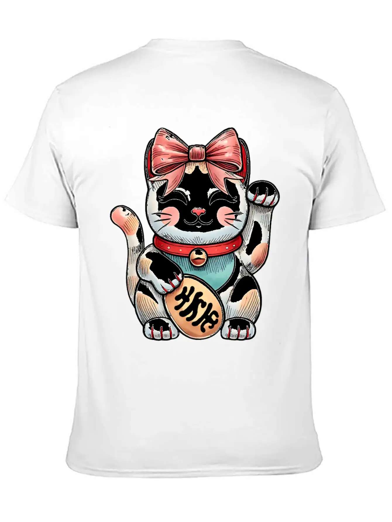 Coquette Bow Maneki Neko Japanese Cat Lucky Pink Unisex Short Sleeve Soft Cotton T-Shirt – Casual Everyday Wear