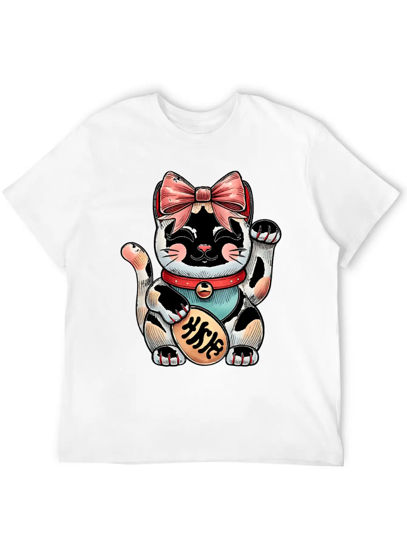 Coquette Bow Maneki Neko Japanese Cat Lucky Pink Unisex Short Sleeve Soft Cotton T-Shirt – Casual Everyday Wear