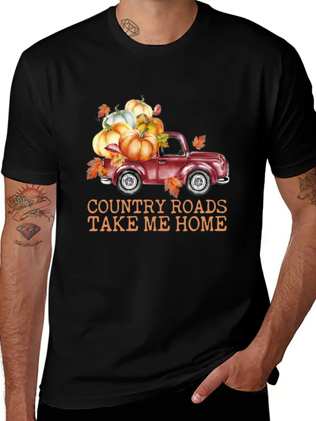 Country Roads Take Me Home Pumpkins Truck Fall Unisex Short Sleeve Soft Cotton T-Shirt – Casual Everyday Wear