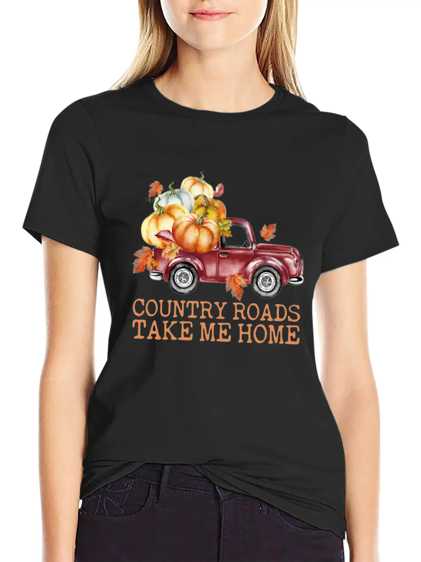 Country Roads Take Me Home Pumpkins Truck Fall Unisex Short Sleeve Soft Cotton T-Shirt – Casual Everyday Wear