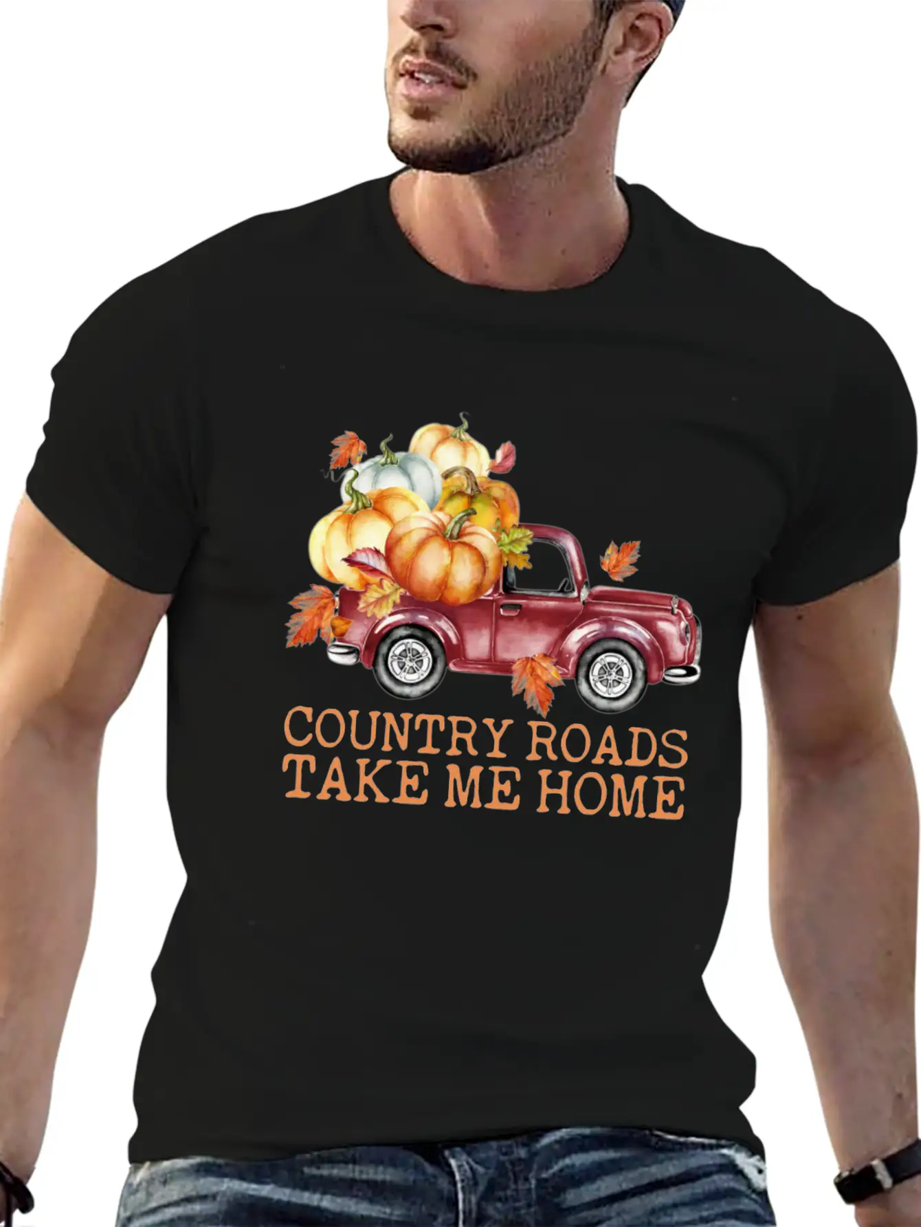 Country Roads Take Me Home Pumpkins Truck Fall Unisex Short Sleeve Soft Cotton T-Shirt – Casual Everyday Wear