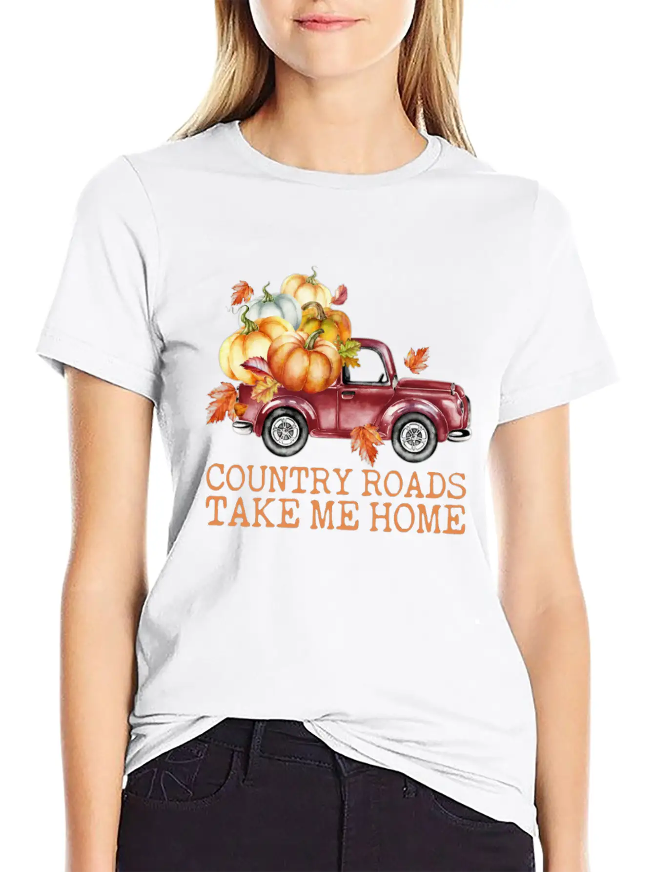 Country Roads Take Me Home Pumpkins Truck Fall Unisex Short Sleeve Soft Cotton T-Shirt – Casual Everyday Wear