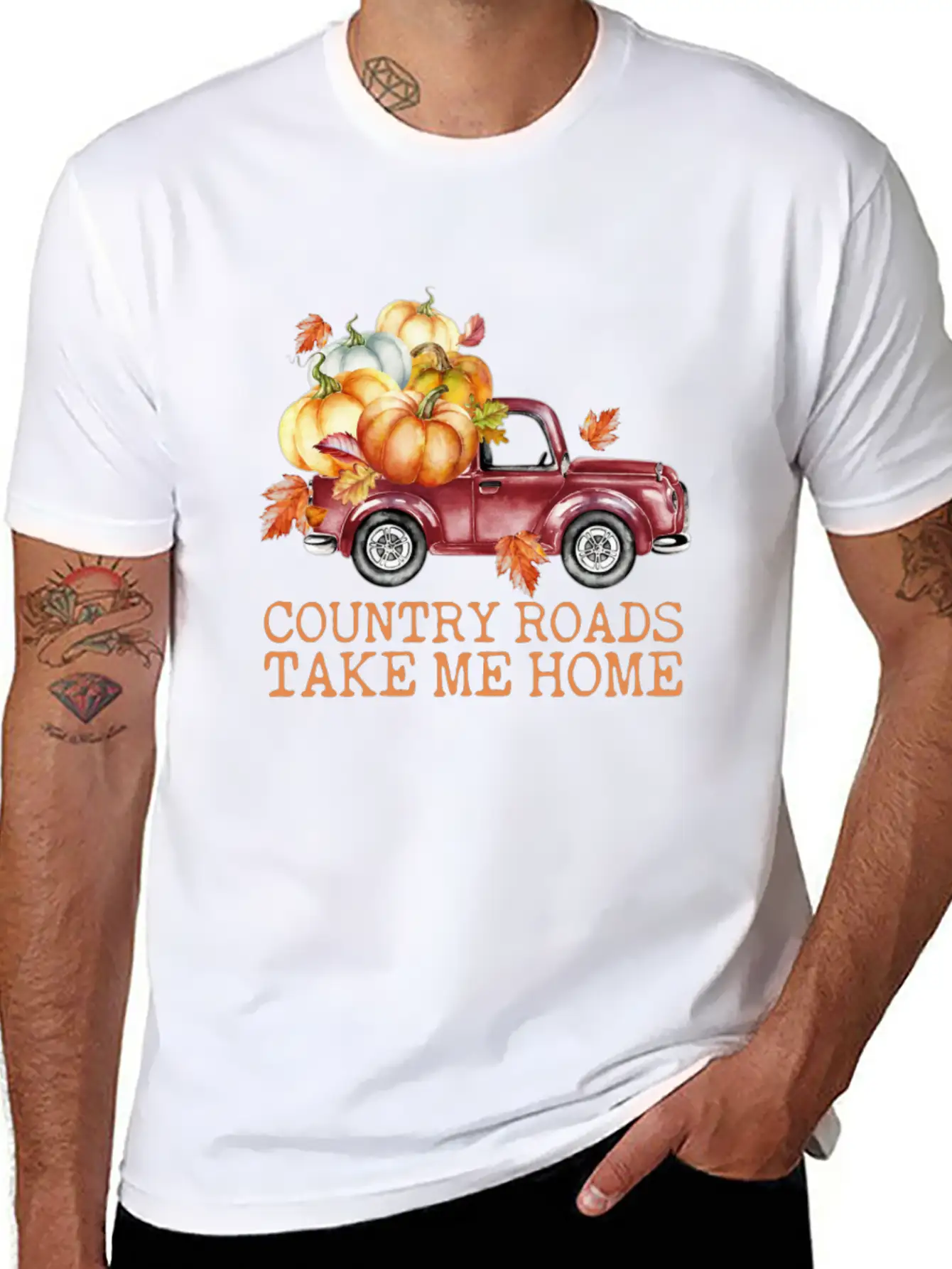 Country Roads Take Me Home Pumpkins Truck Fall Unisex Short Sleeve Soft Cotton T-Shirt – Casual Everyday Wear