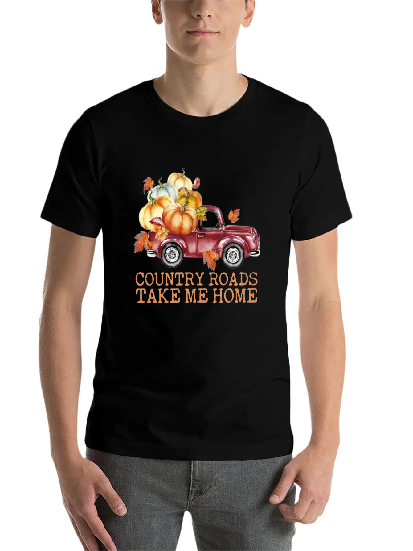 Country Roads Take Me Home Pumpkins Truck Fall Unisex Short Sleeve Soft Cotton T-Shirt – Casual Everyday Wear