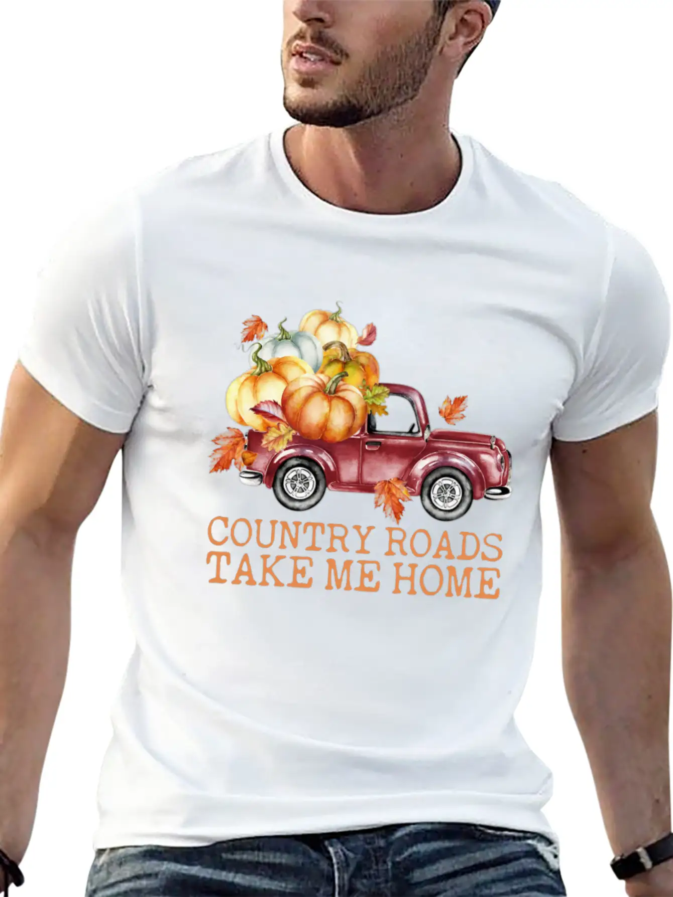 Country Roads Take Me Home Pumpkins Truck Fall Unisex Short Sleeve Soft Cotton T-Shirt – Casual Everyday Wear