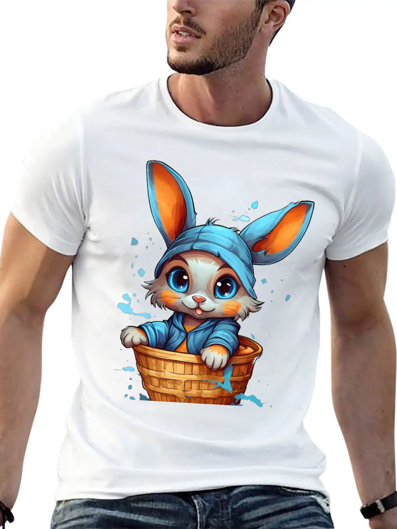 Curious Rabbit In A Basket Stylish Everyday T-Shirt – Unisex Basic Cotton Tee