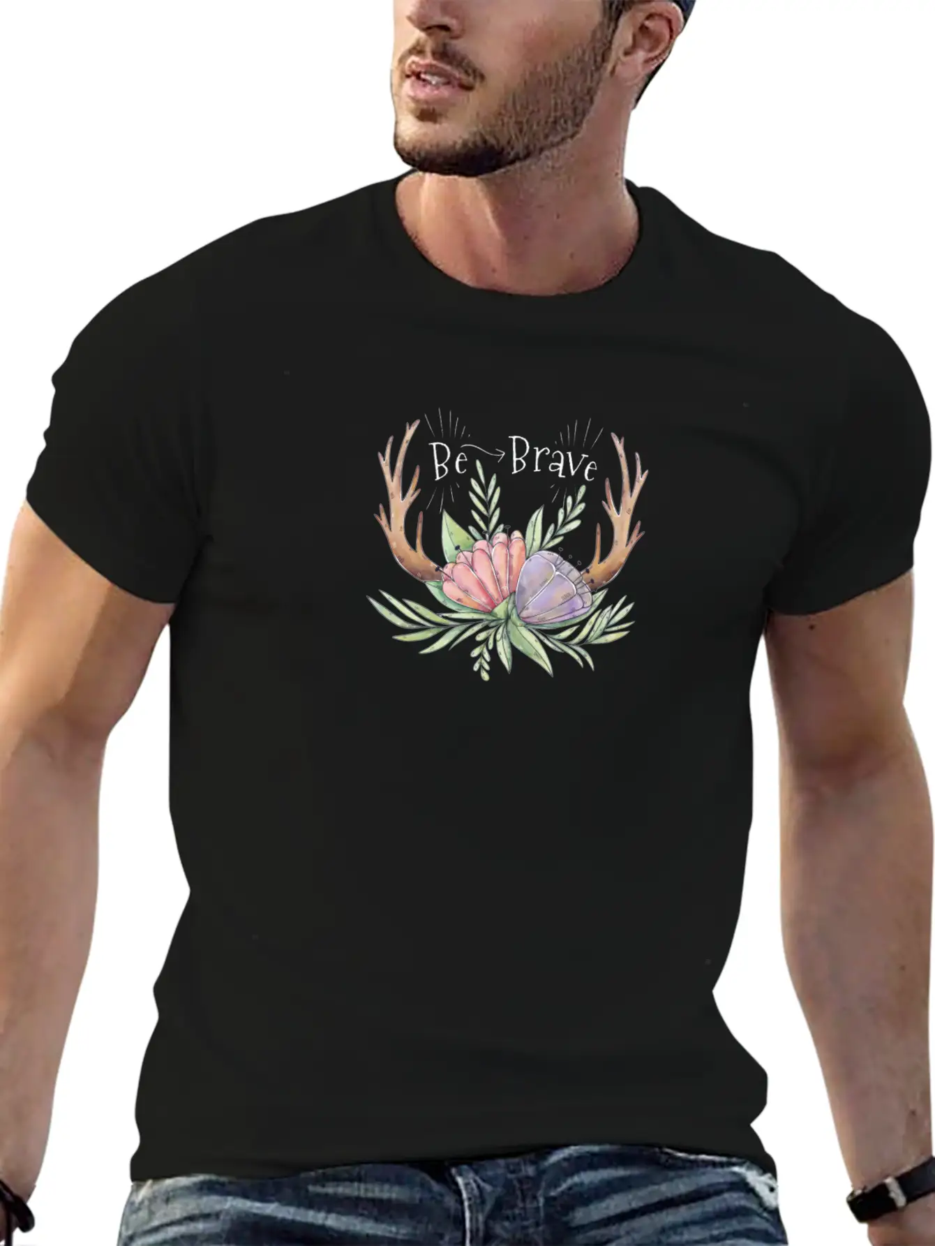 Cute Boho Horns With Purple And Pink Flowers Quote Stylish Everyday T-Shirt – Unisex Basic Cotton Tee