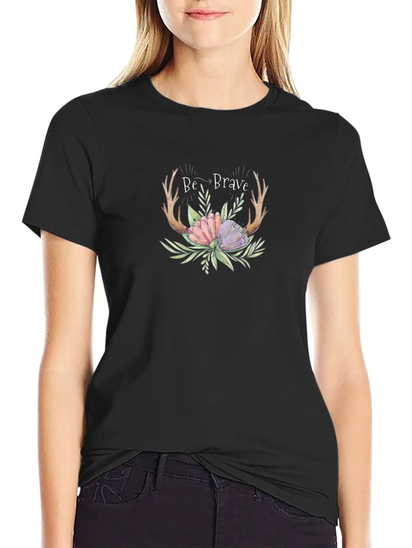 Cute Boho Horns With Purple And Pink Flowers Quote Stylish Everyday T-Shirt – Unisex Basic Cotton Tee