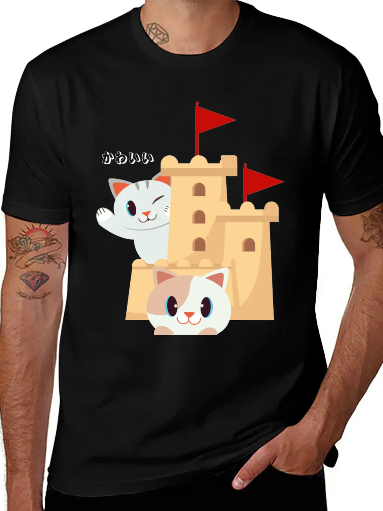 Cute Cat Built Sand Castle Unisex Short Sleeve Soft Cotton T-Shirt – Casual Everyday Wear