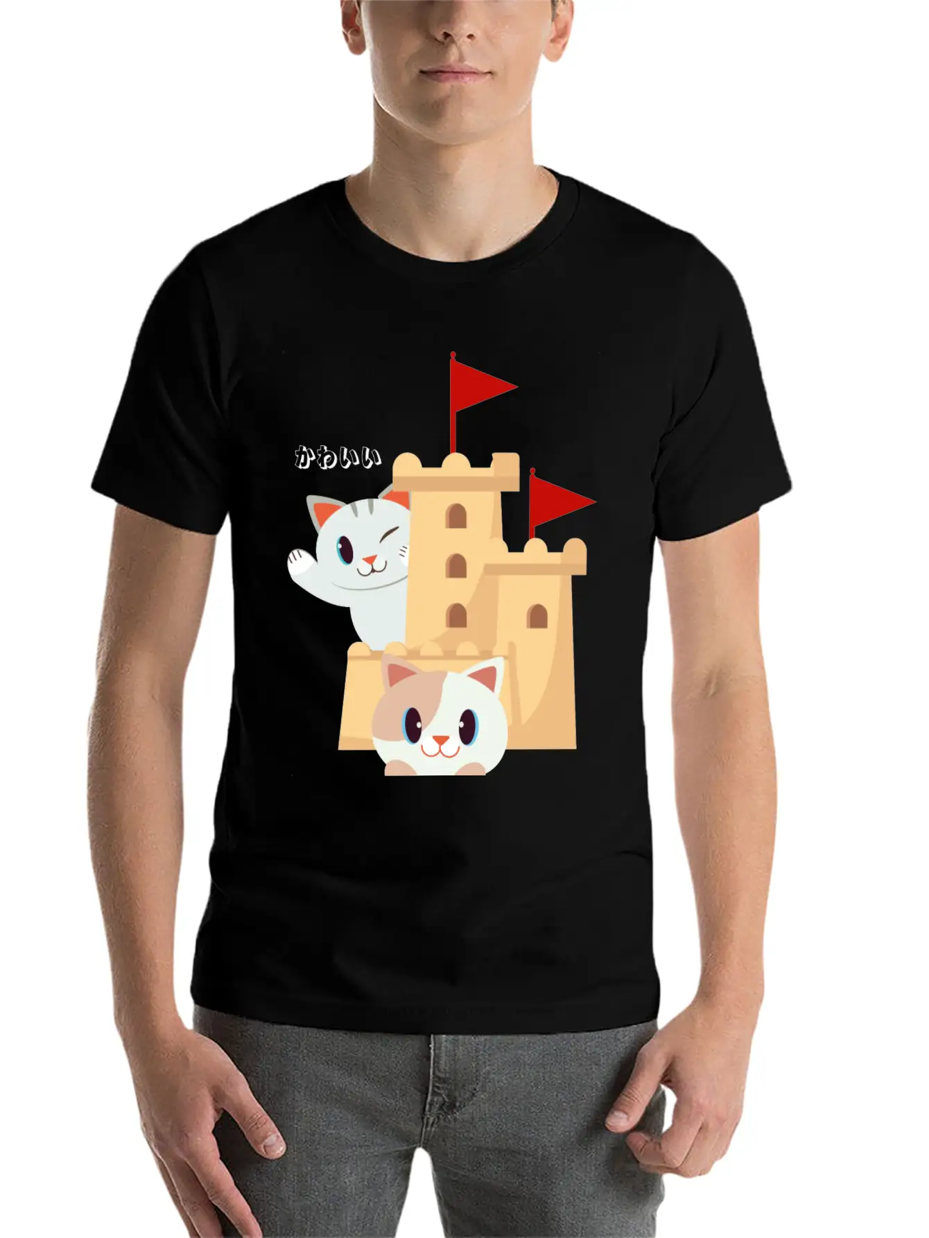 Cute Cat Built Sand Castle Unisex Short Sleeve Soft Cotton T-Shirt – Casual Everyday Wear