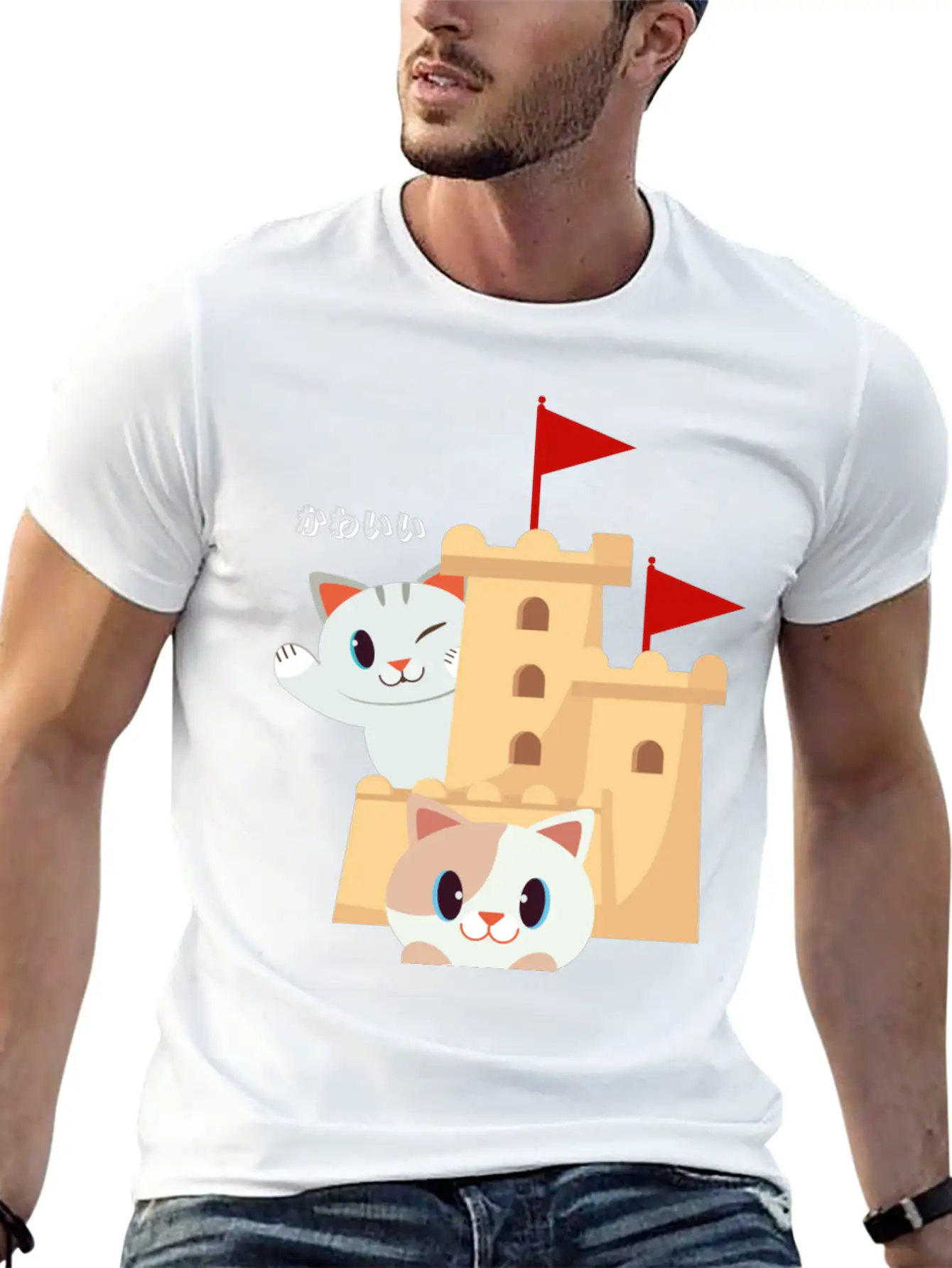Cute Cat Built Sand Castle Unisex Short Sleeve Soft Cotton T-Shirt – Casual Everyday Wear