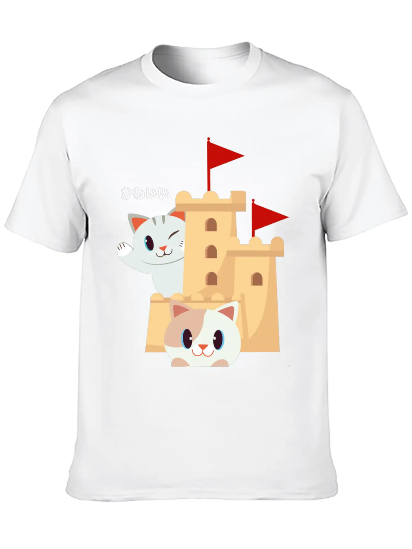 Cute Cat Built Sand Castle Unisex Short Sleeve Soft Cotton T-Shirt – Casual Everyday Wear