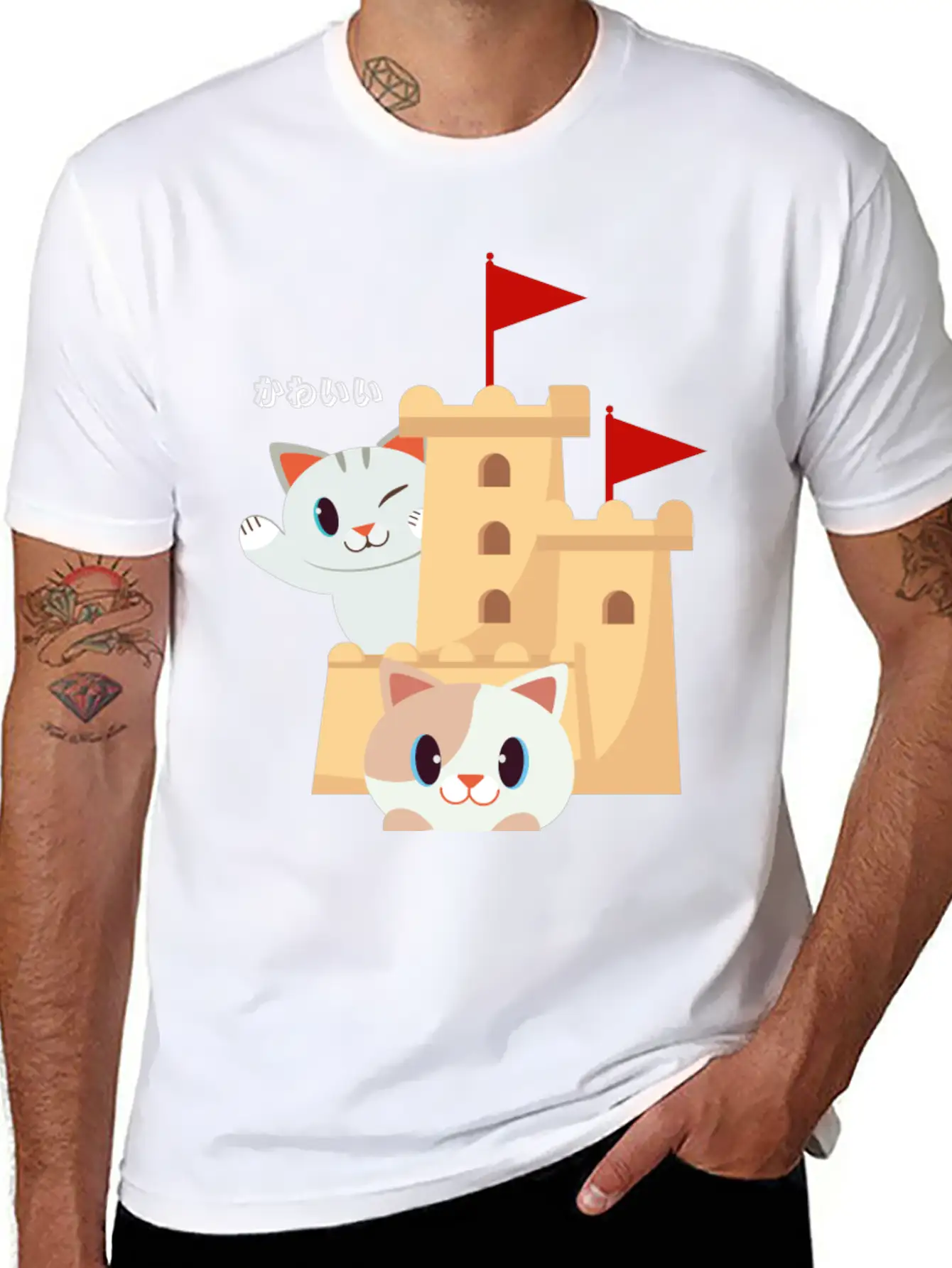 Cute Cat Built Sand Castle Unisex Short Sleeve Soft Cotton T-Shirt – Casual Everyday Wear