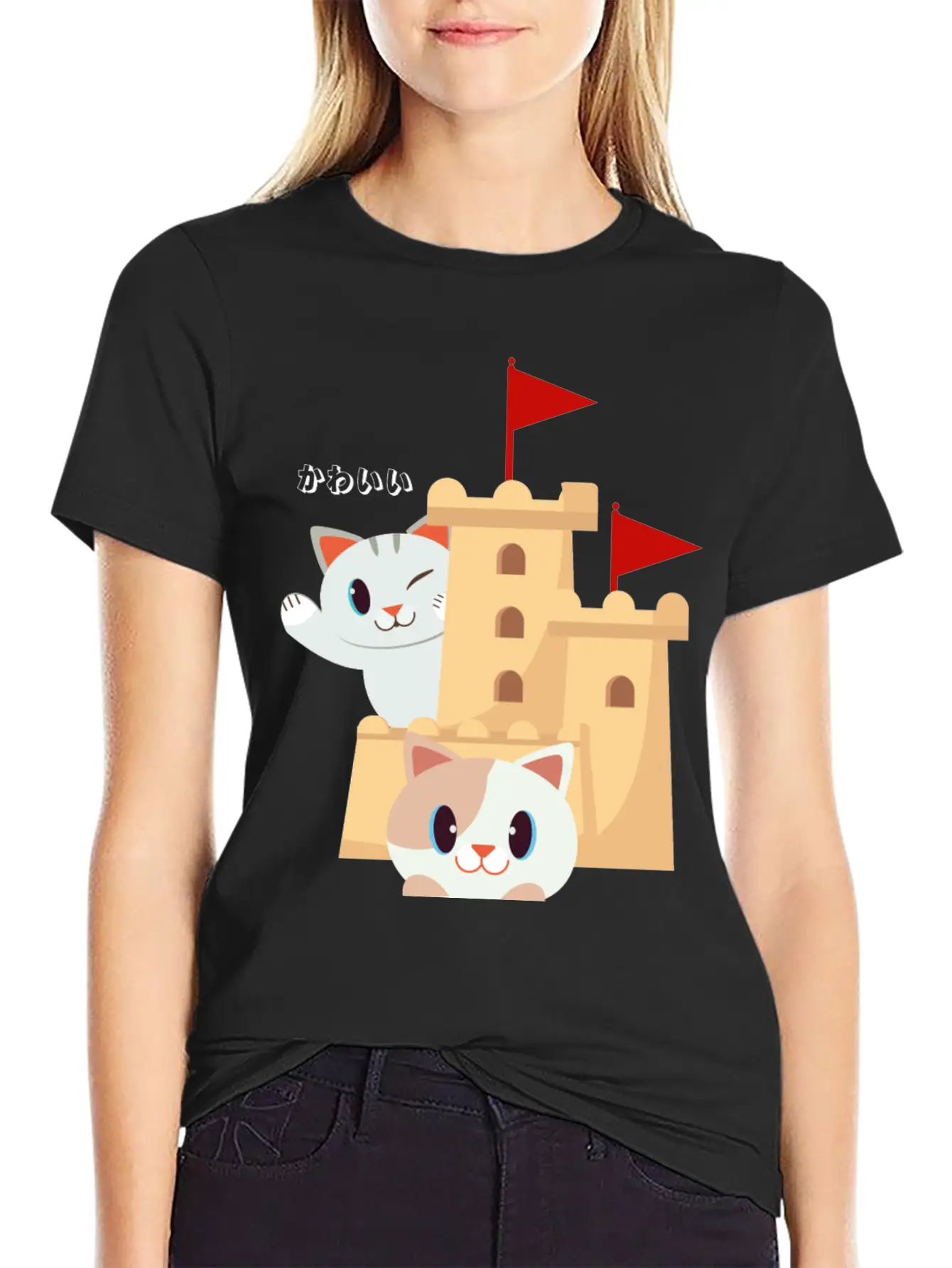 Cute Cat Built Sand Castle Unisex Short Sleeve Soft Cotton T-Shirt – Casual Everyday Wear