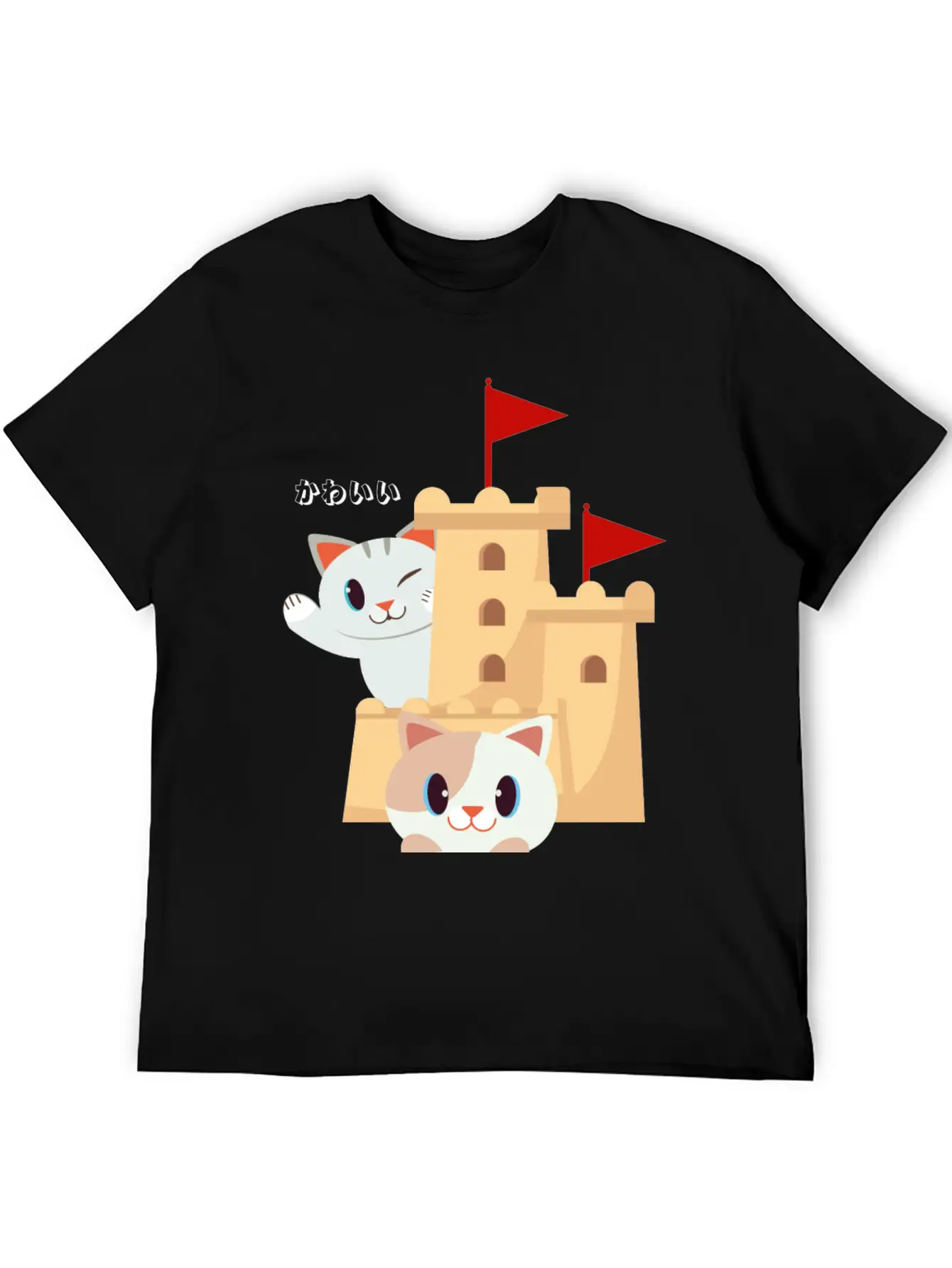 Cute Cat Built Sand Castle Unisex Short Sleeve Soft Cotton T-Shirt – Casual Everyday Wear